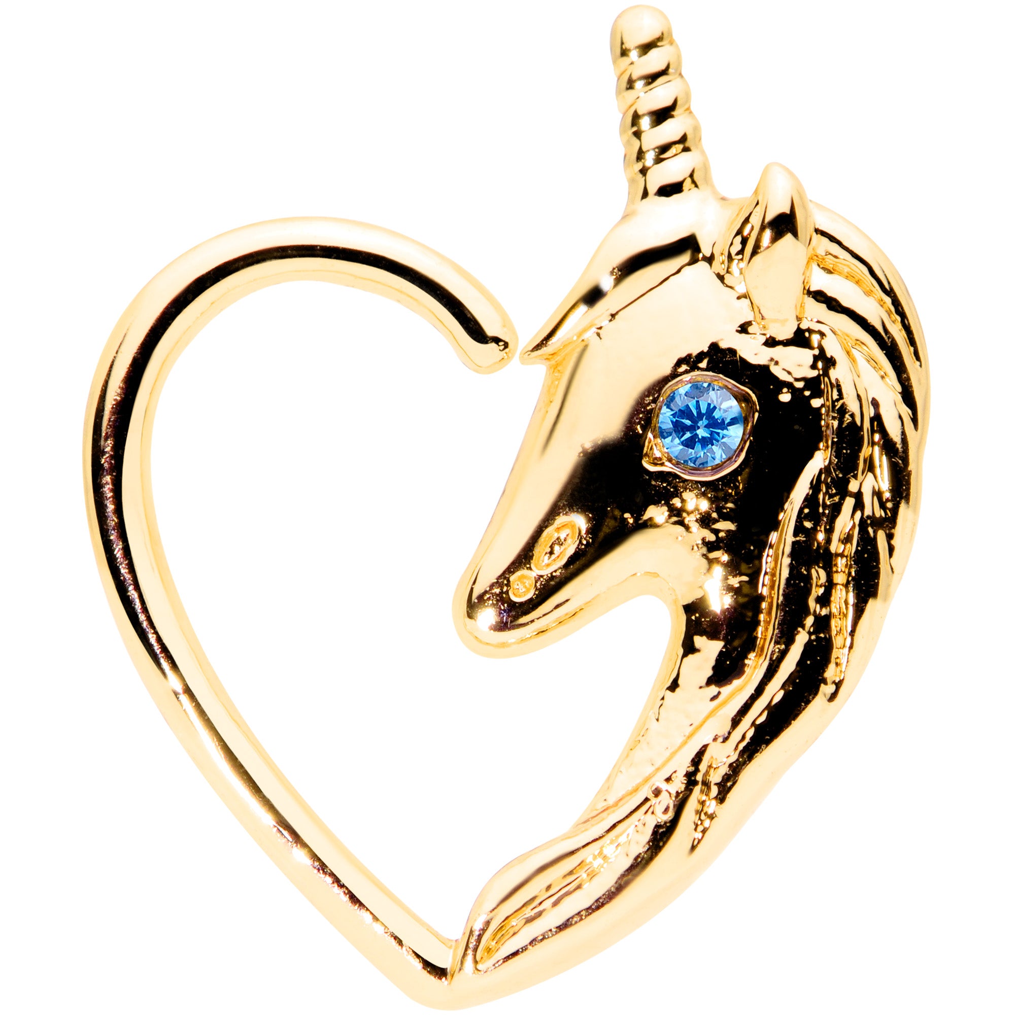 18 Gauge 5/16 Aqua Gem Gold Tone Unicorn Left Heart Closure Ring