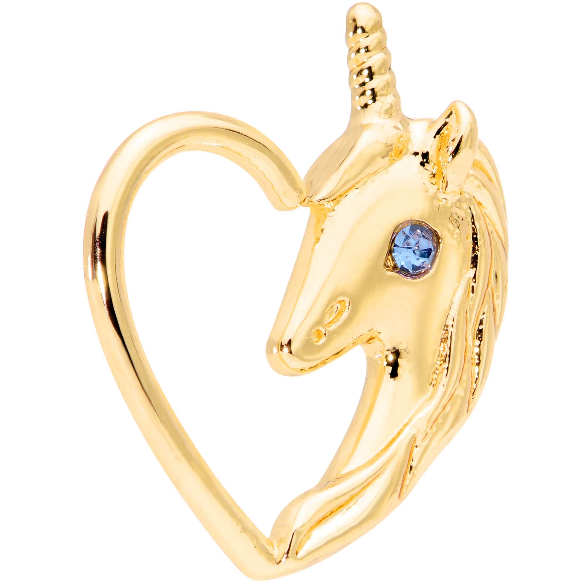 18 Gauge 5/16 Aqua Gem Gold Tone Unicorn Left Heart Closure Ring