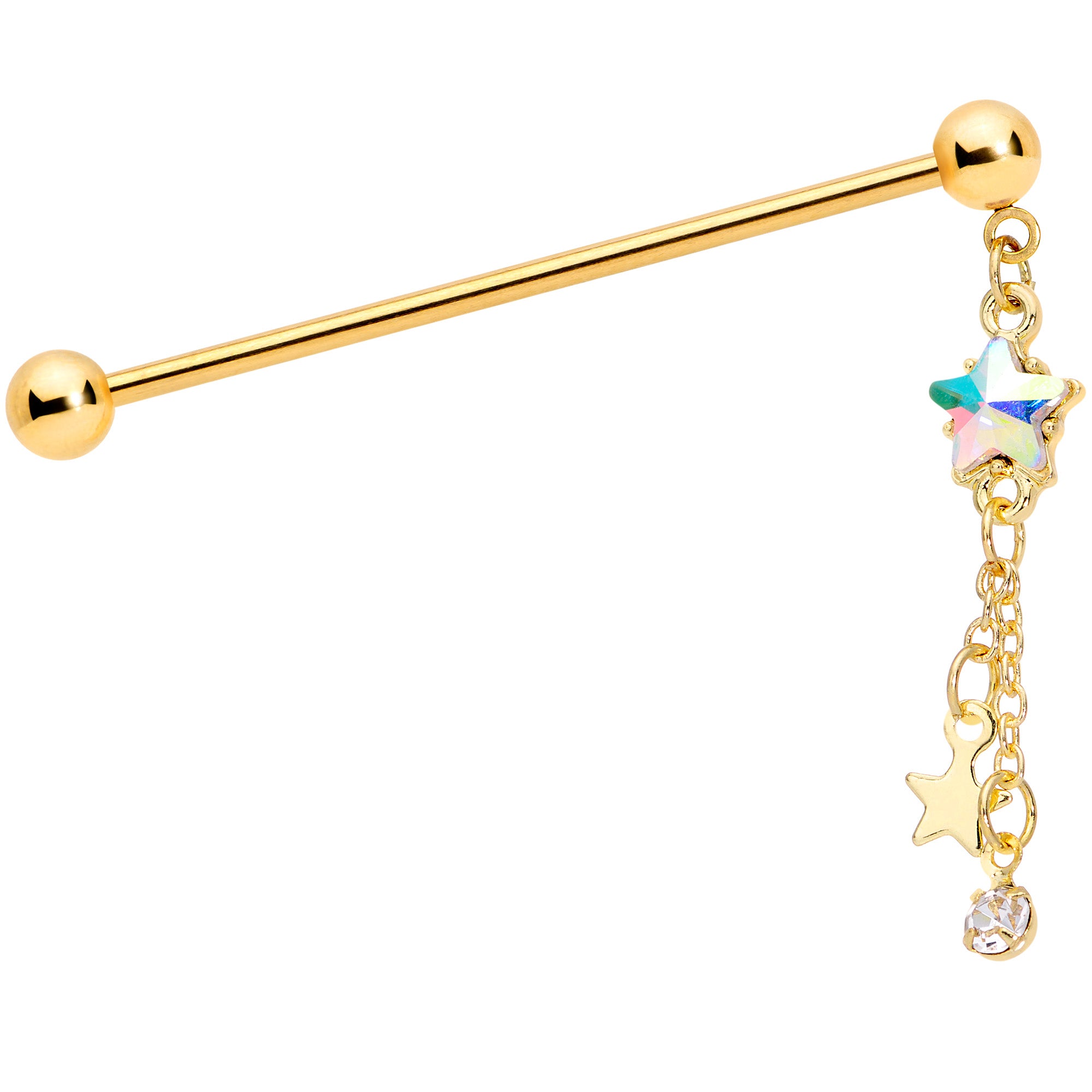 14 Gauge Aurora Gem Gold Tone Star Dangle Industrial Barbell 38mm