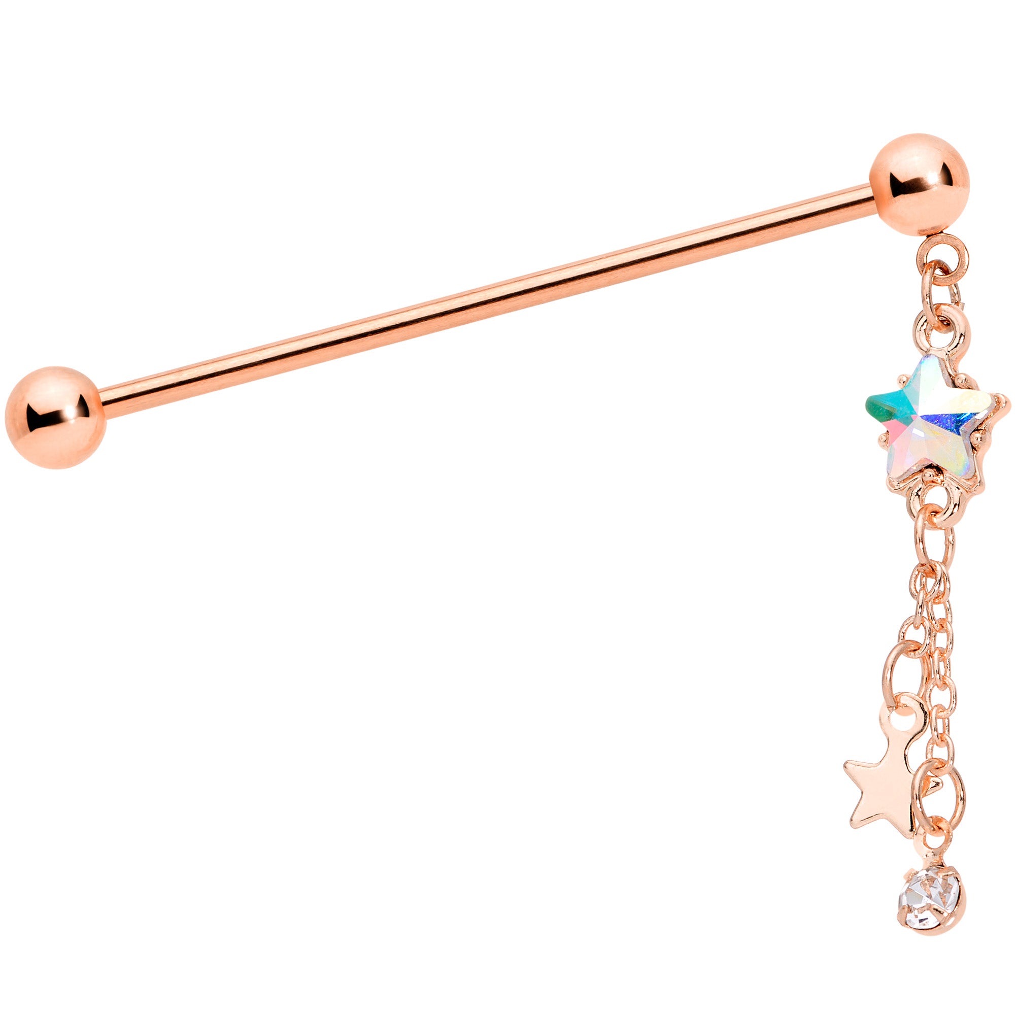 14 Gauge Aurora Gem Rose Gold Tone Star Dangle Industrial Barbell 38mm