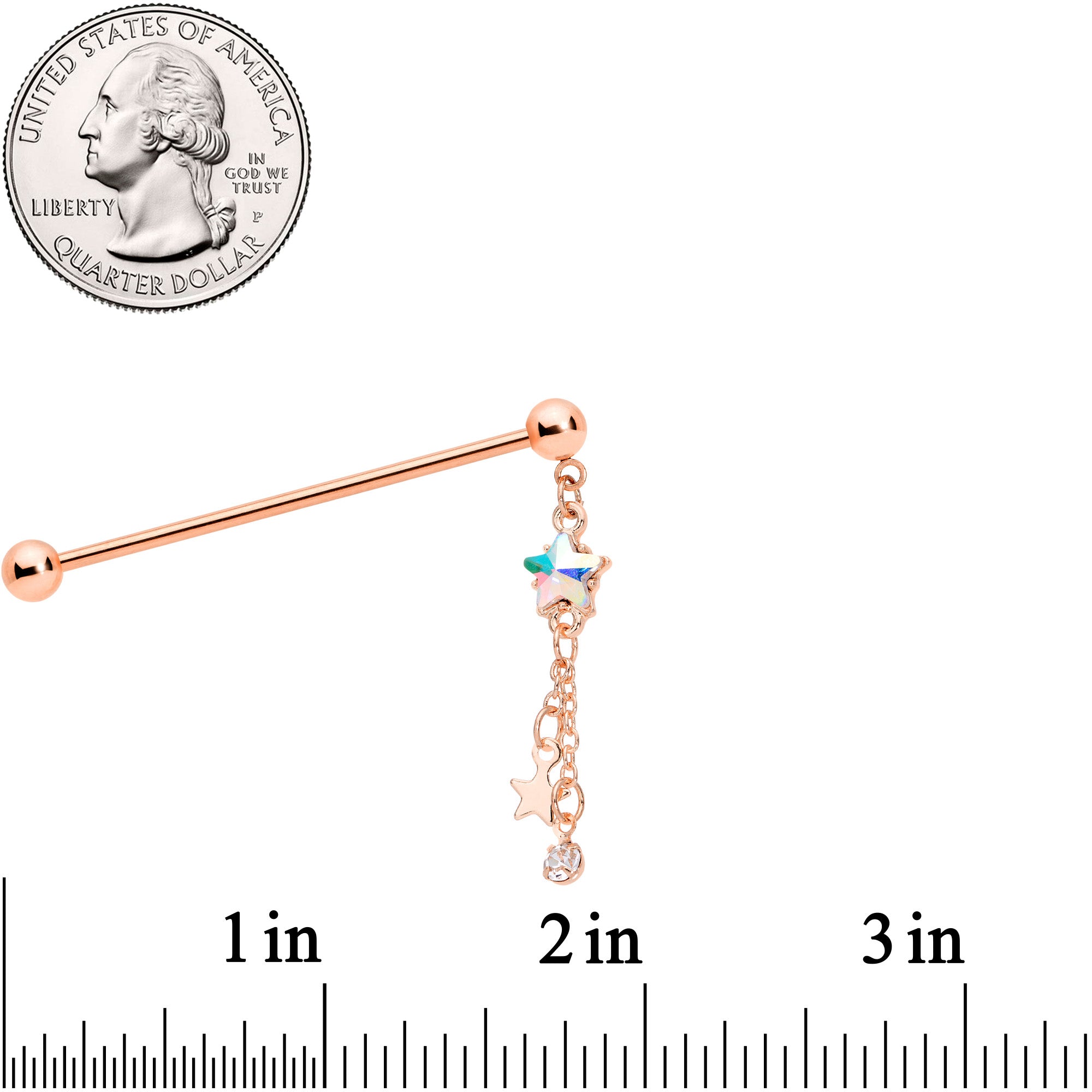 14 Gauge Aurora Gem Rose Gold Tone Star Dangle Industrial Barbell 38mm