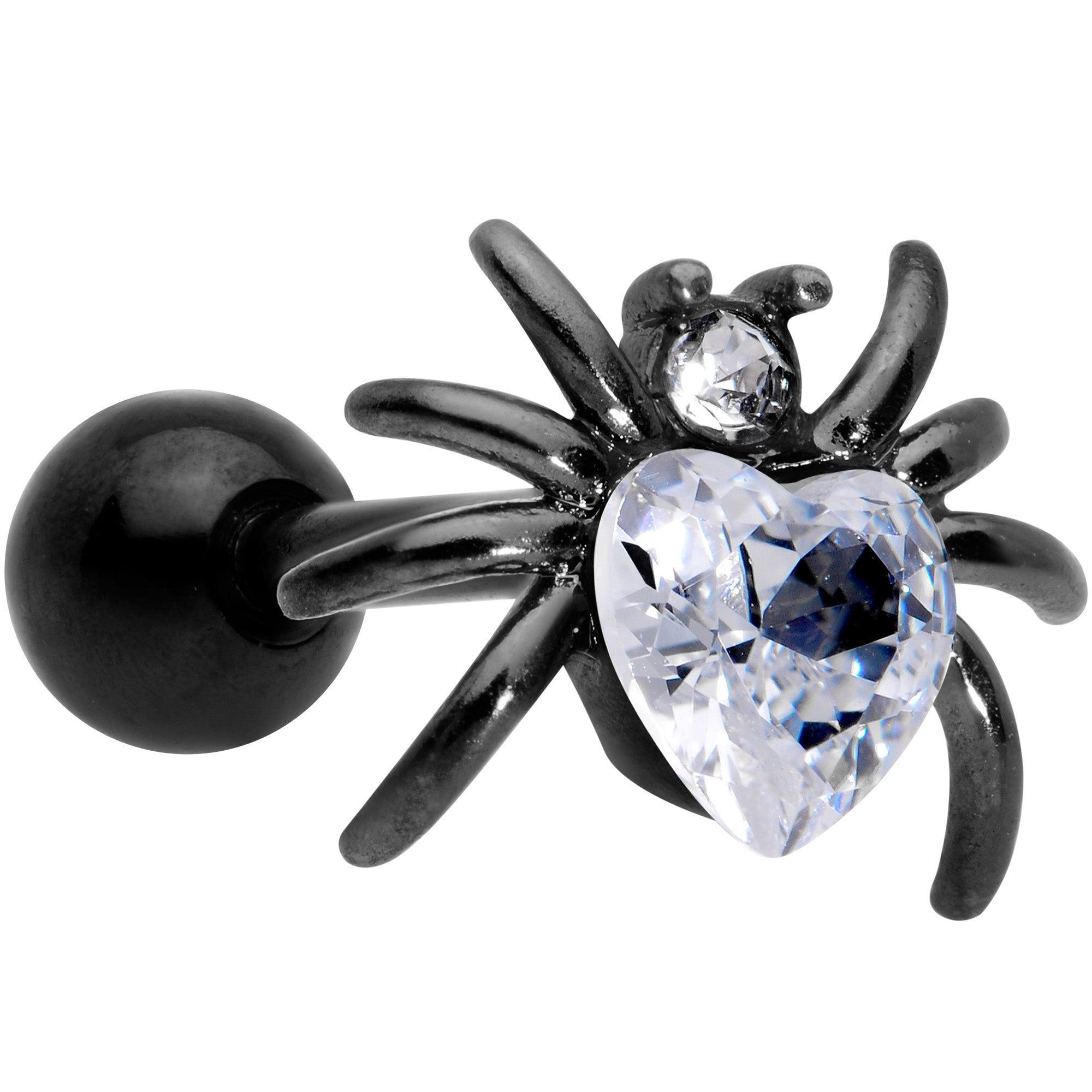 16 Gauge 1/4 Clear Gem Black Heart Spider Cartilage Tragus