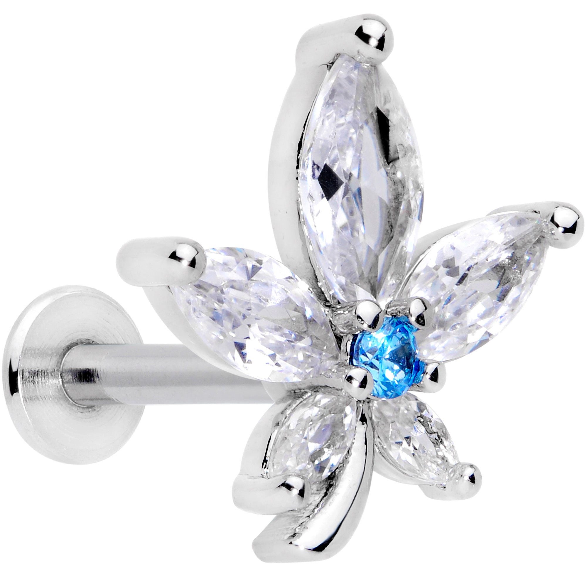 16 Gauge 5/16 Clear Blue CZ Gem Marijuana Leaf Labret Monroe Tragus