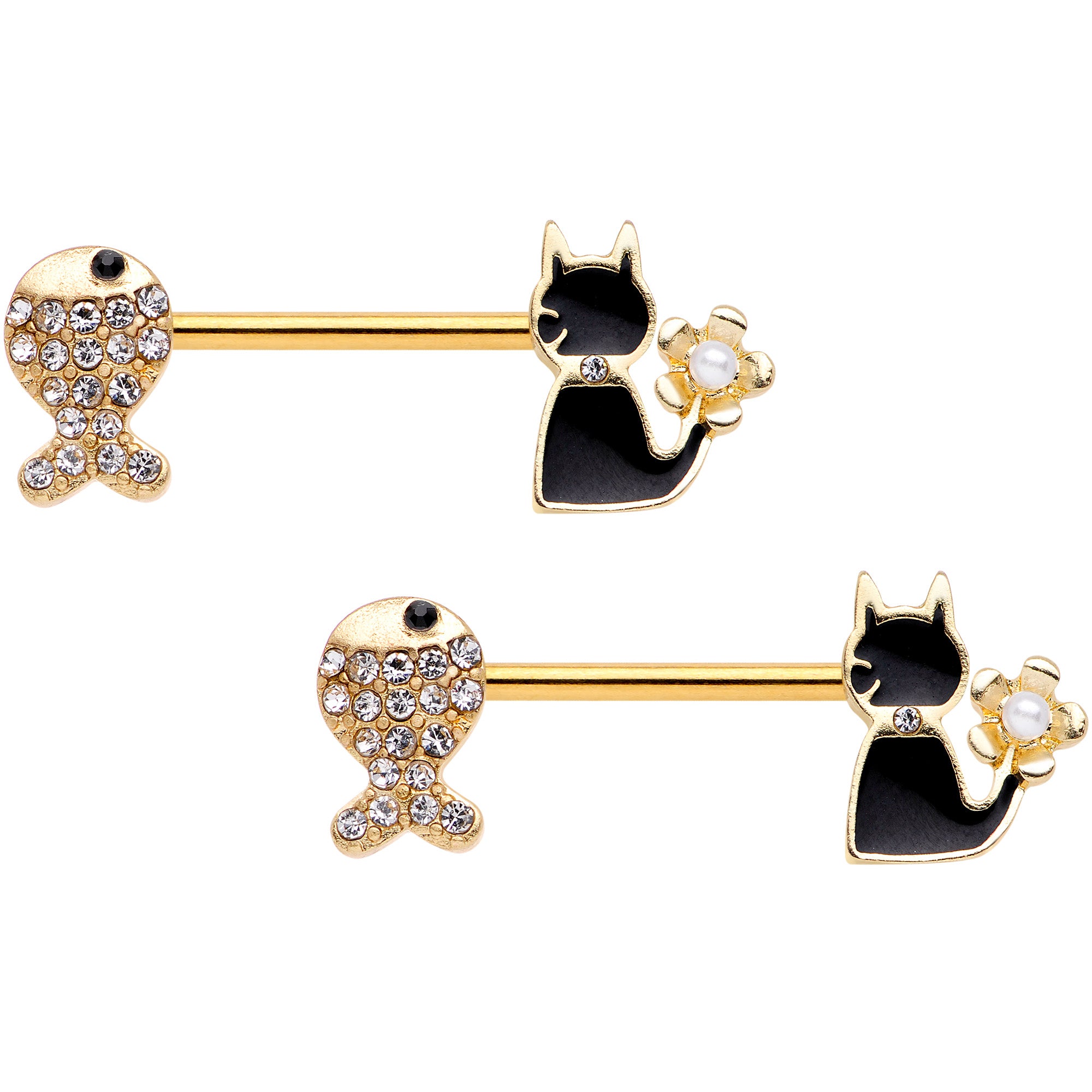 14 Gauge 9/16 Clear Gem Gold Tone Fish Black Cat Barbell Nipple Ring Set