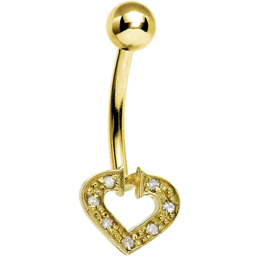 16 Gauge Solid 14KT Yellow Gold Genuine DIAMOND Paved HOLLOW HEART Belly Ring