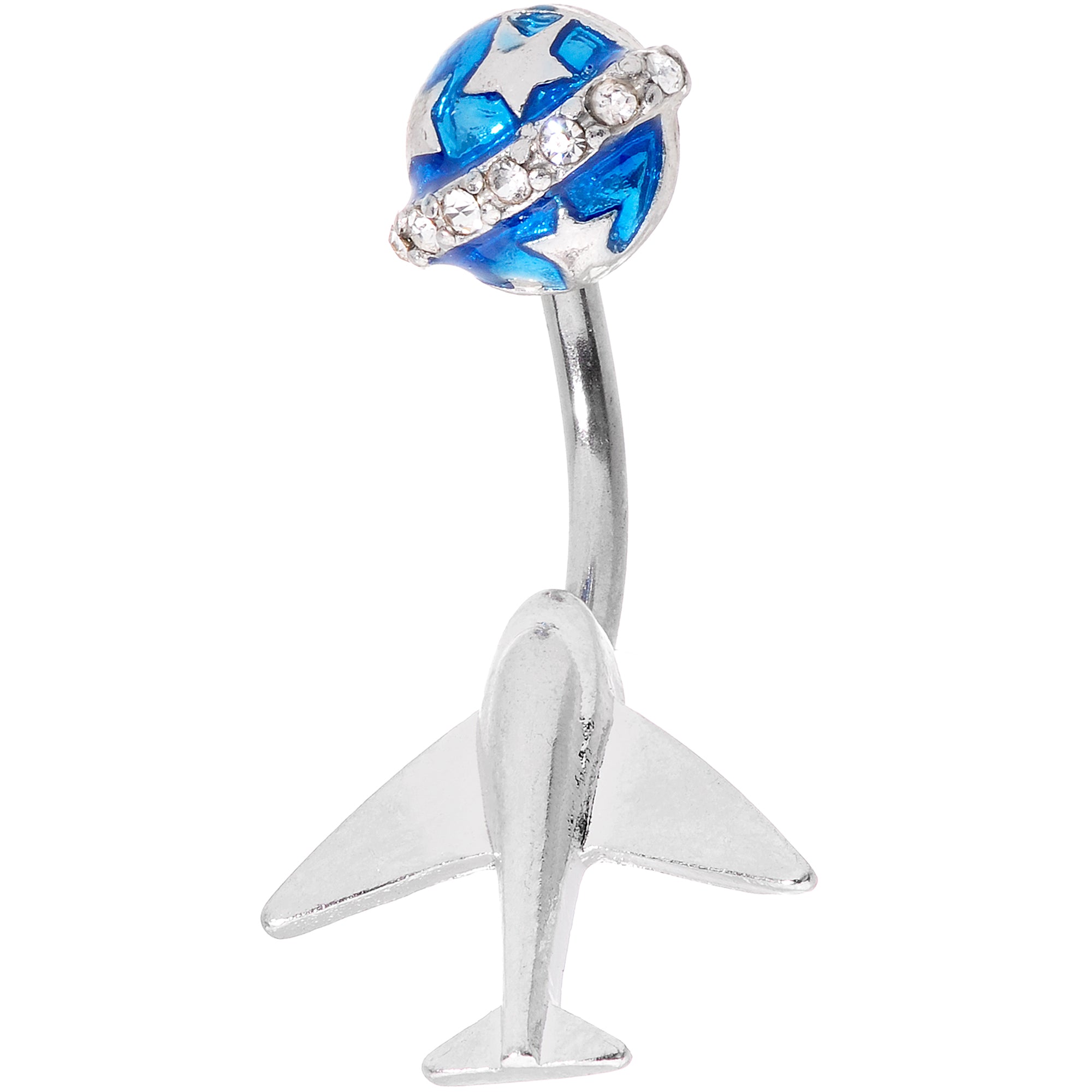 Clear Gem Blue World Traveler Airplane Double Mount Belly Ring