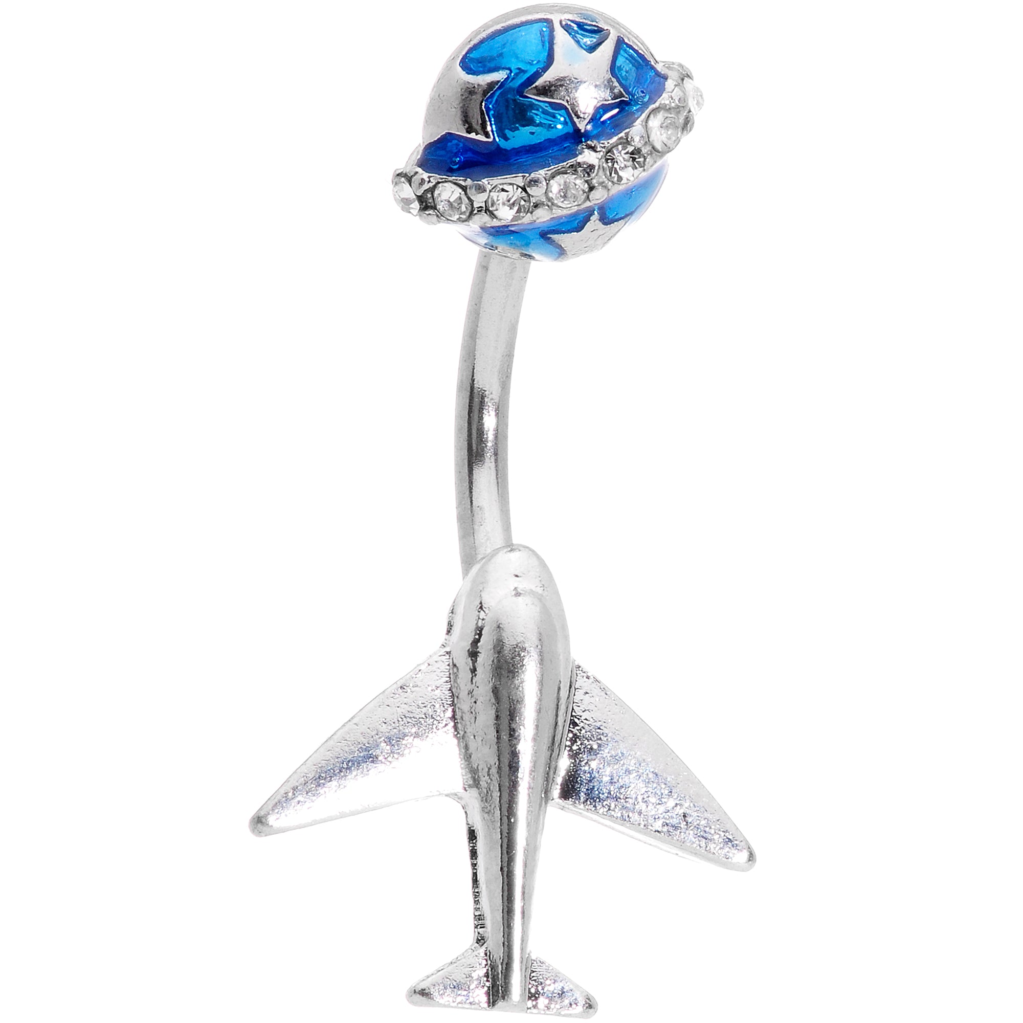 Clear Gem Blue World Traveler Airplane Double Mount Belly Ring