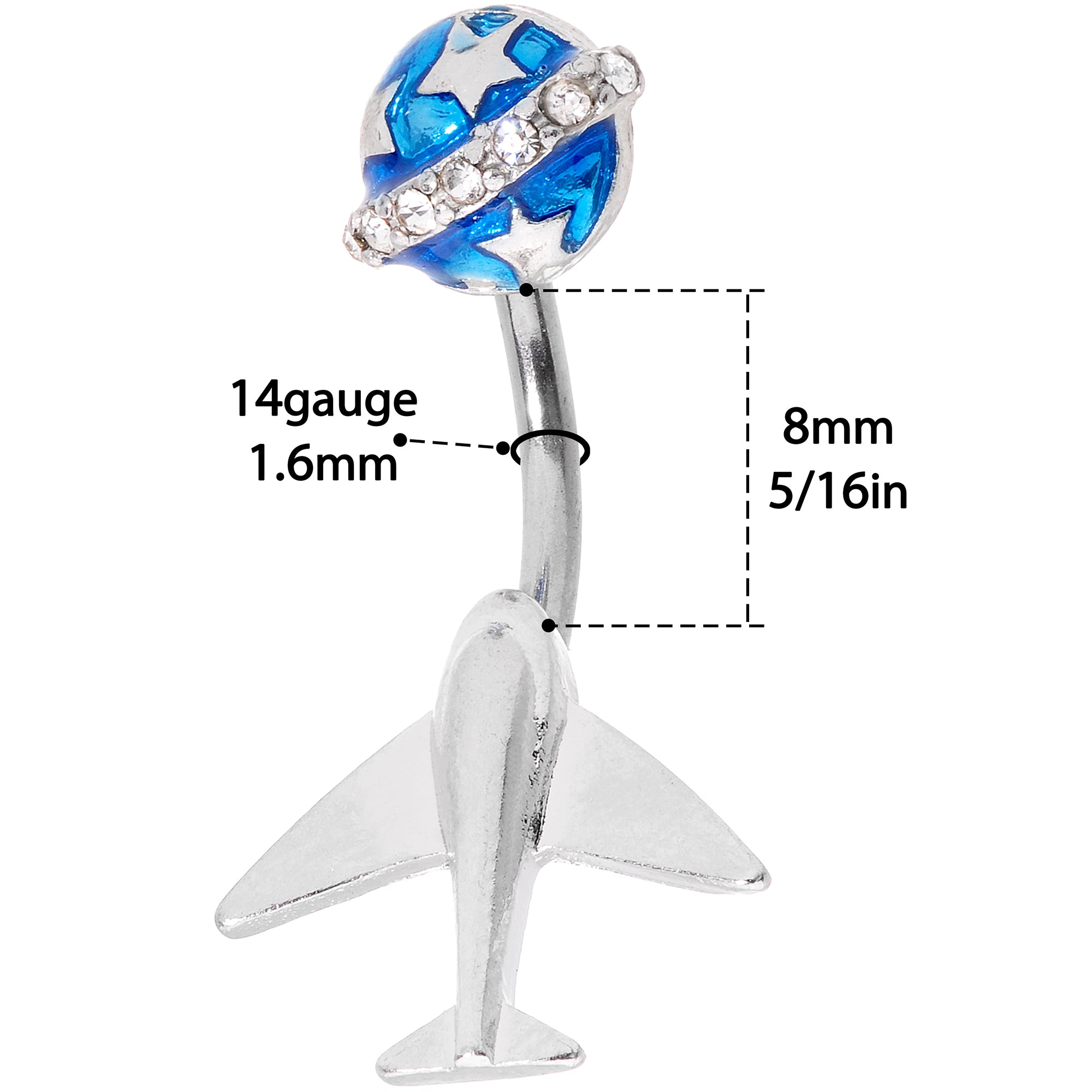 Clear Gem Blue World Traveler Airplane Double Mount Belly Ring