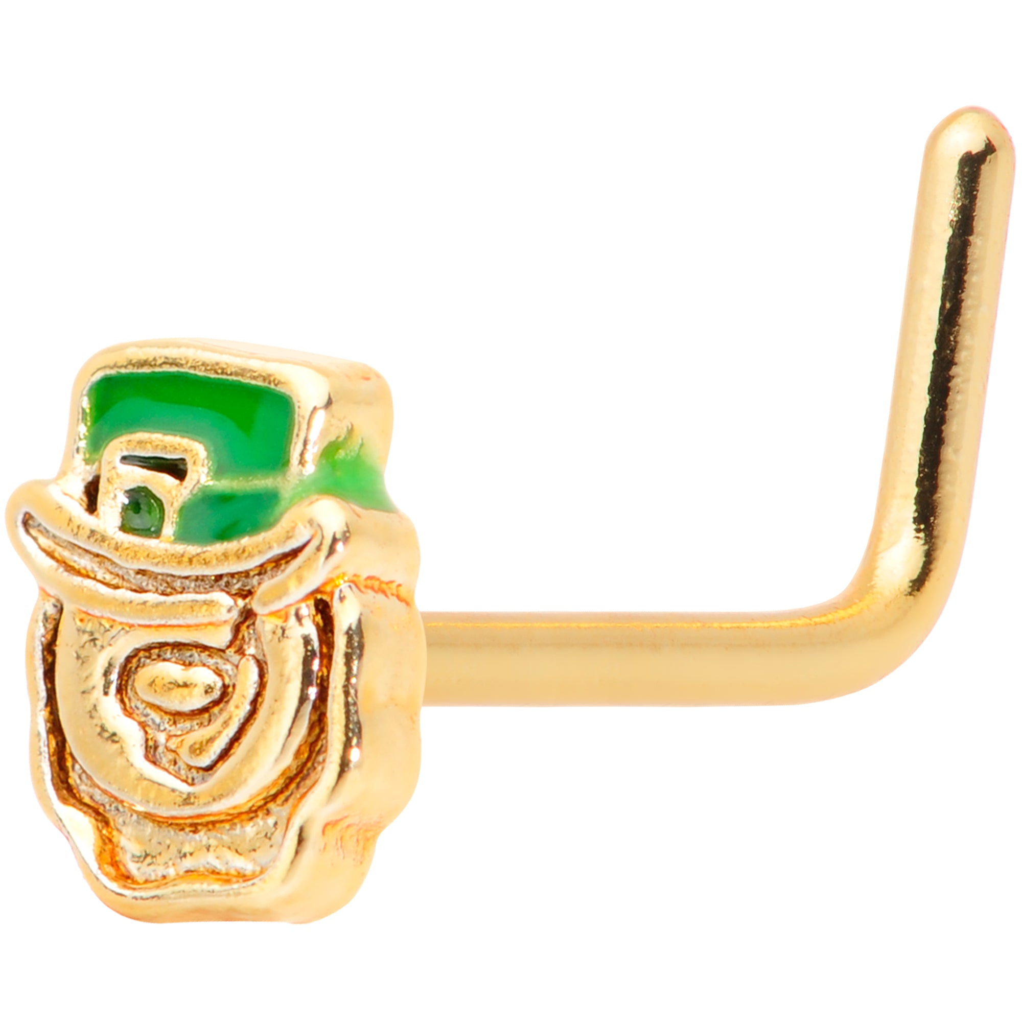 20 Gauge 5/16 Green Gold Tone Lucky Leprechaun L Shaped Nose Ring