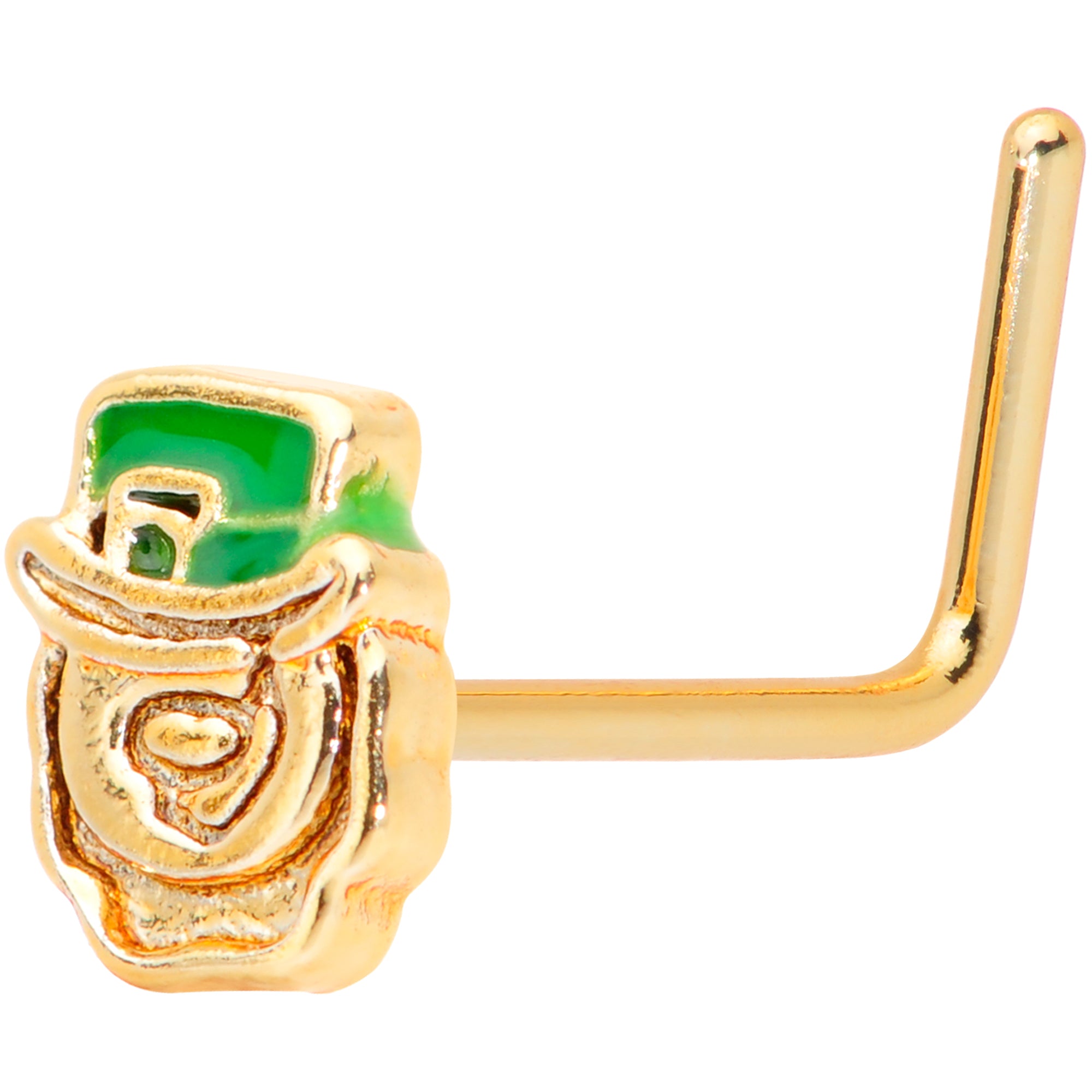 22 Gauge 5/16 Green Gold Tone Lucky Leprechaun L Shaped Nose Ring