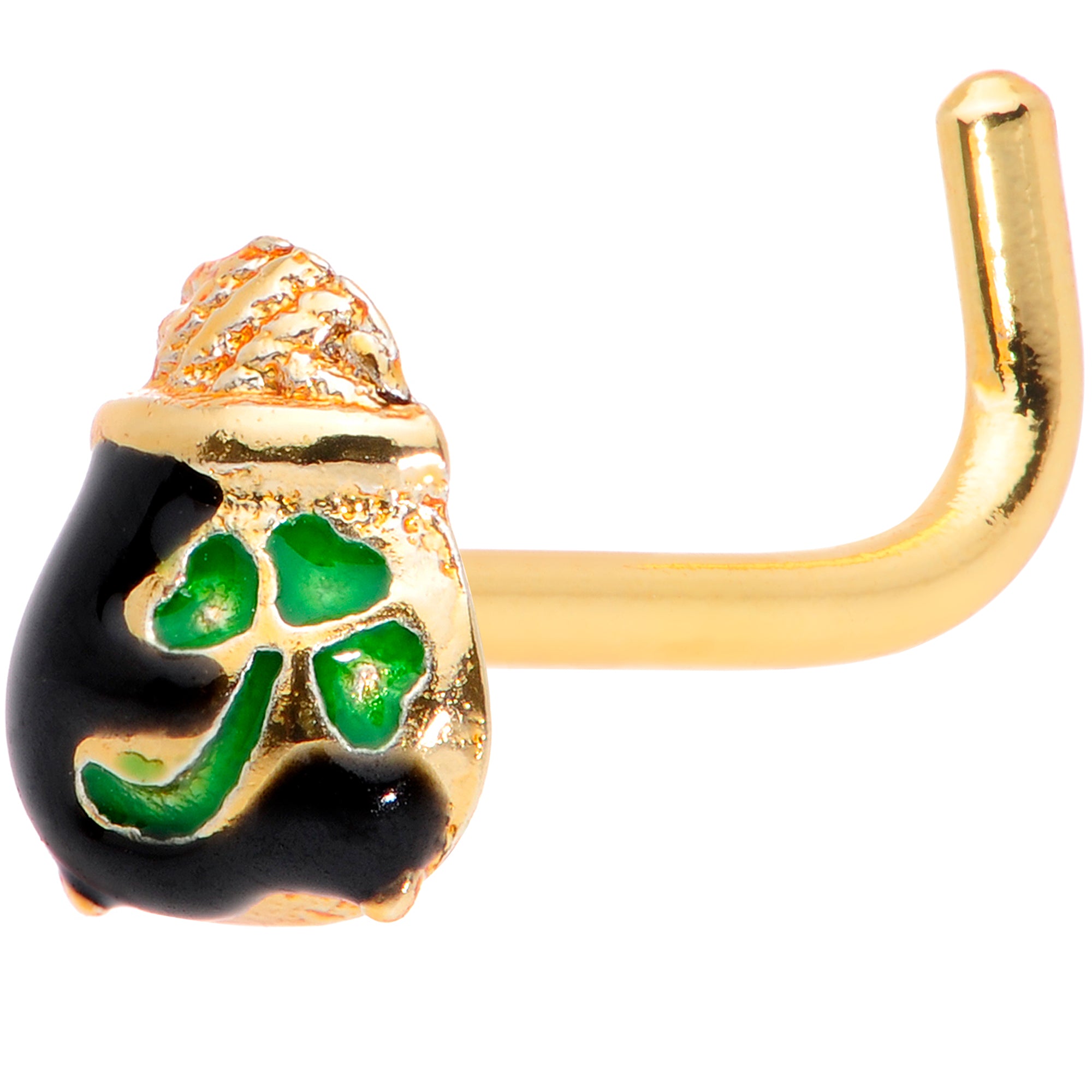 18 Gauge 5/16 Gold Tone St Patricks Day Pot O Gold L Shaped Nose Ring