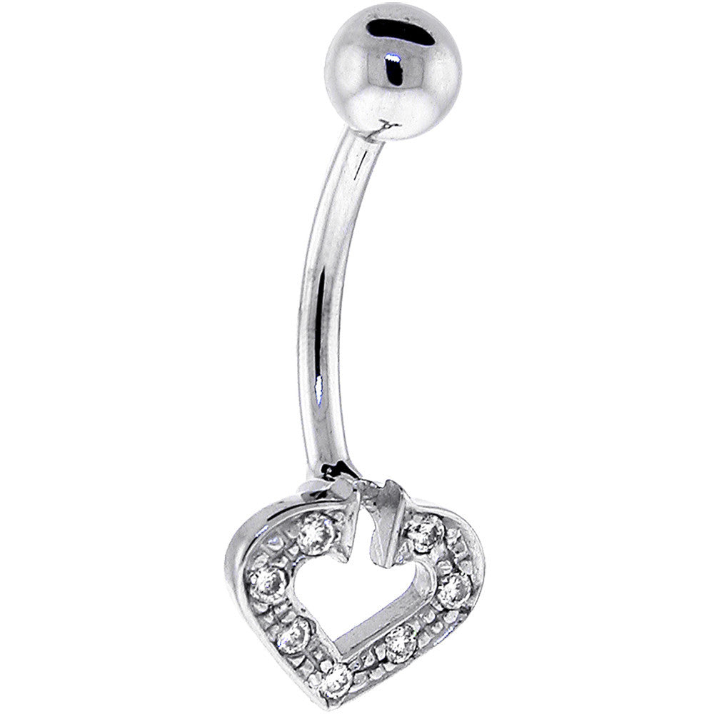 16 Gauge Solid 14KT White Genuine DIAMOND Paved HOLLOW HEART Belly Ring