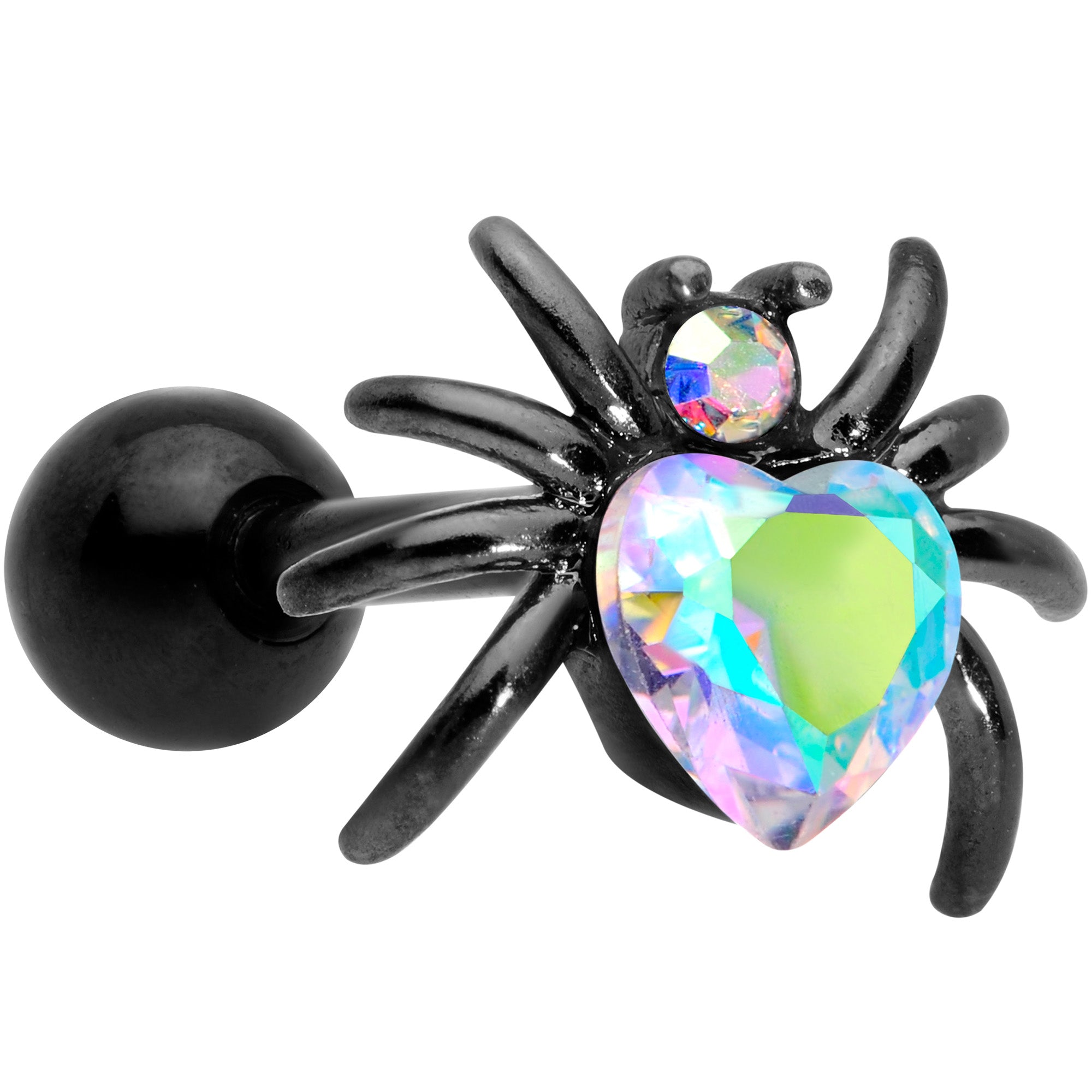 16 Gauge 1/4 Aurora Gem Black Heart Spider Cartilage Tragus