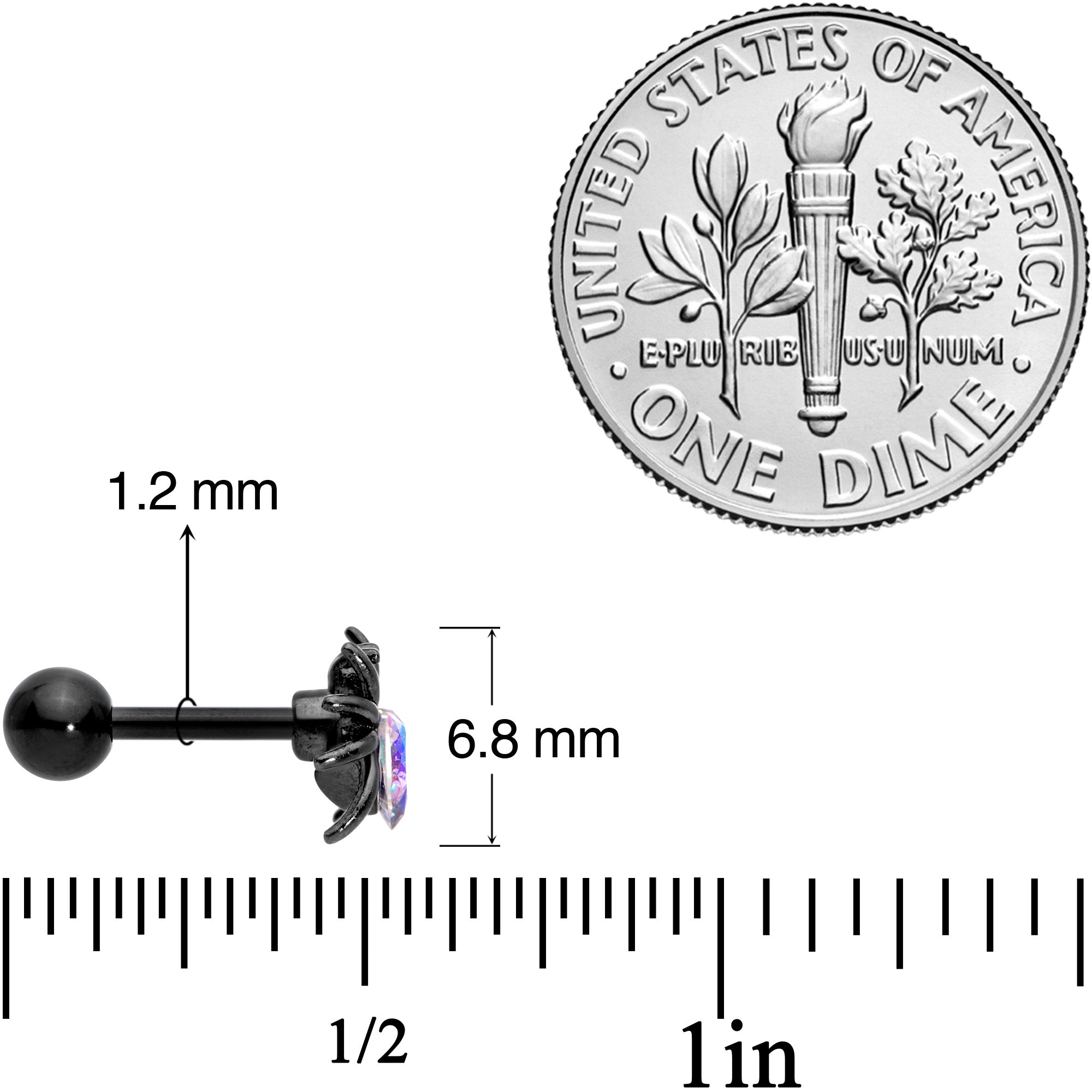 16 Gauge 1/4 Aurora Gem Black Heart Spider Cartilage Tragus