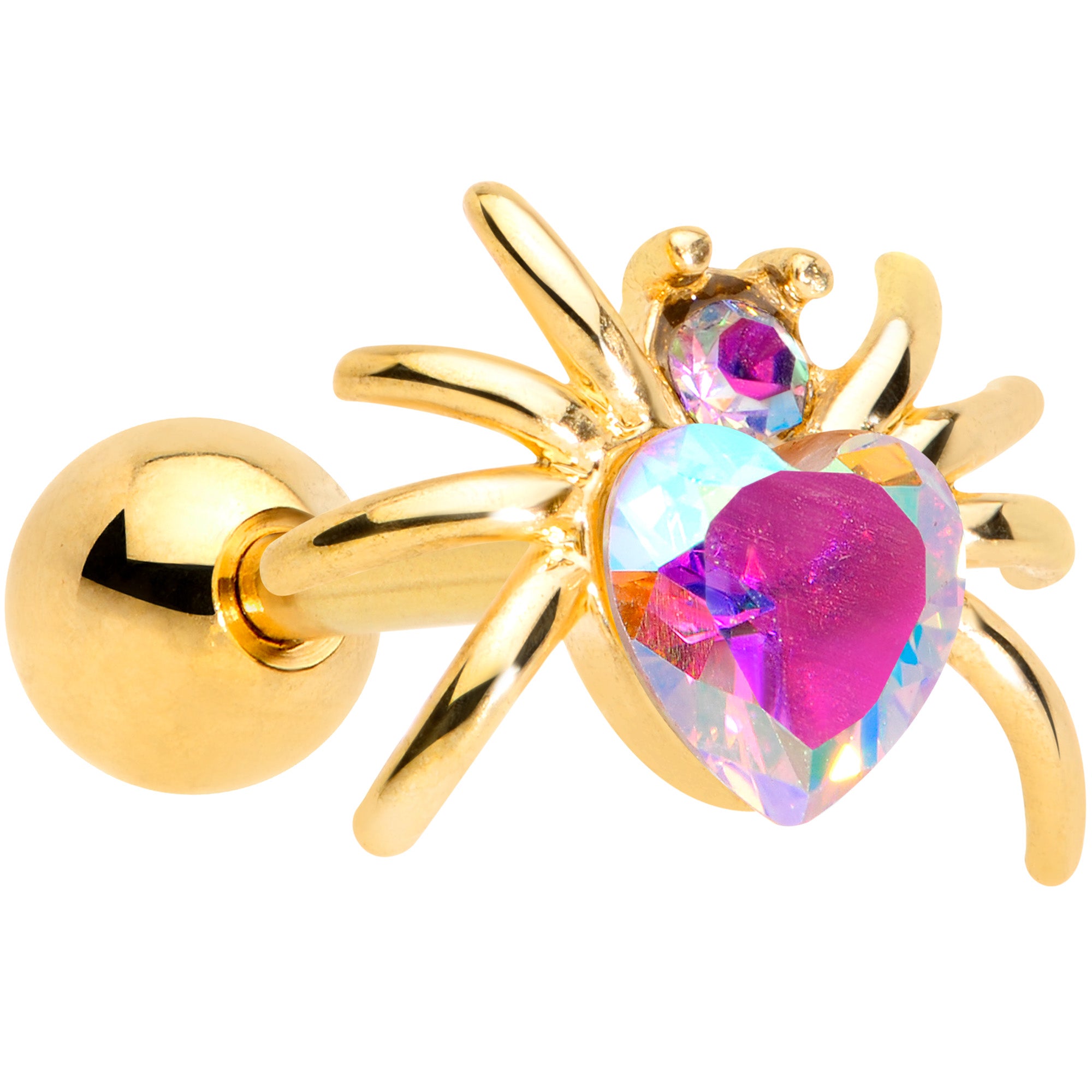 16 Gauge 1/4 Aurora Gem Gold Tone Heart Spider Cartilage Tragus