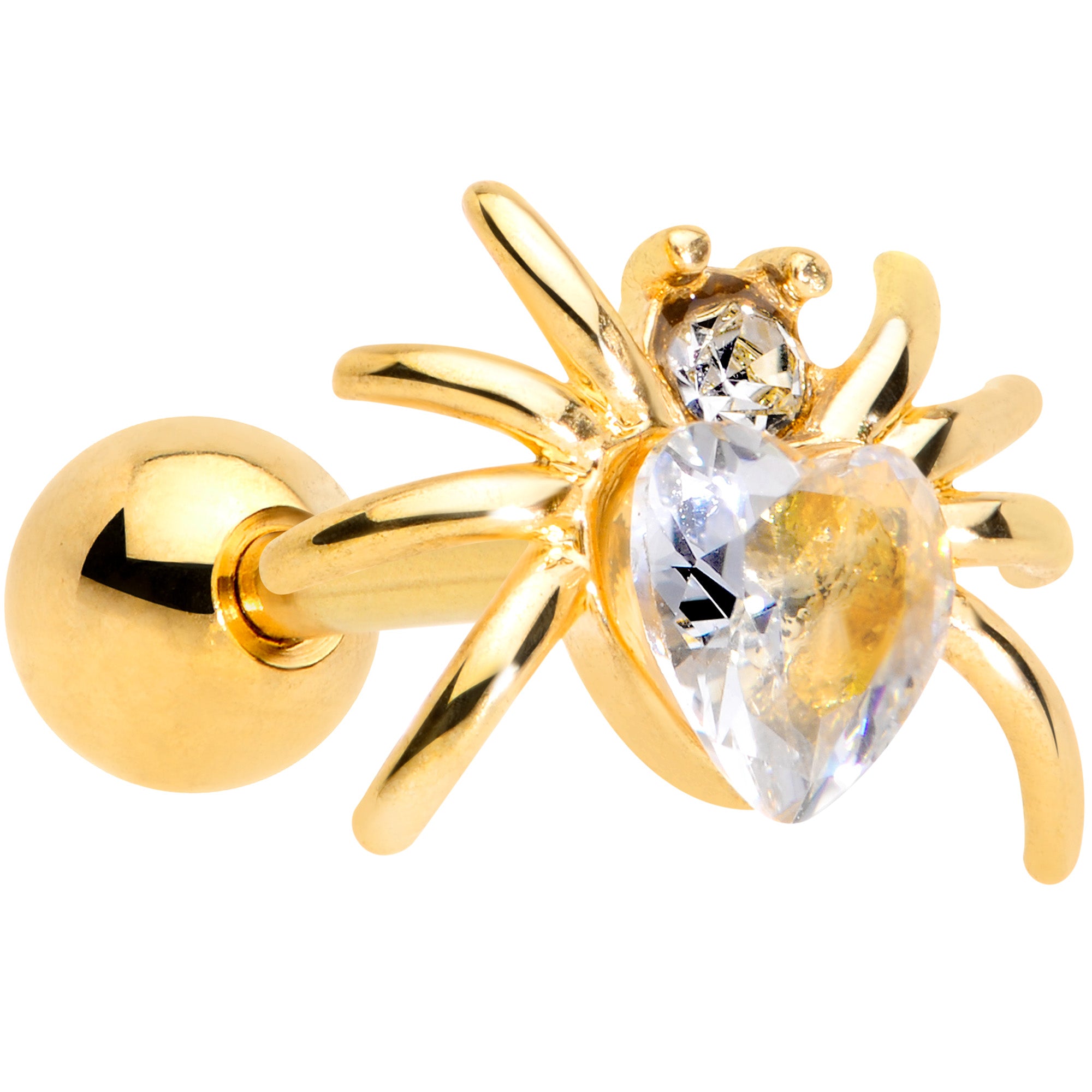 16 Gauge 1/4 Clear Gem Gold Tone Heart Spider Cartilage Tragus