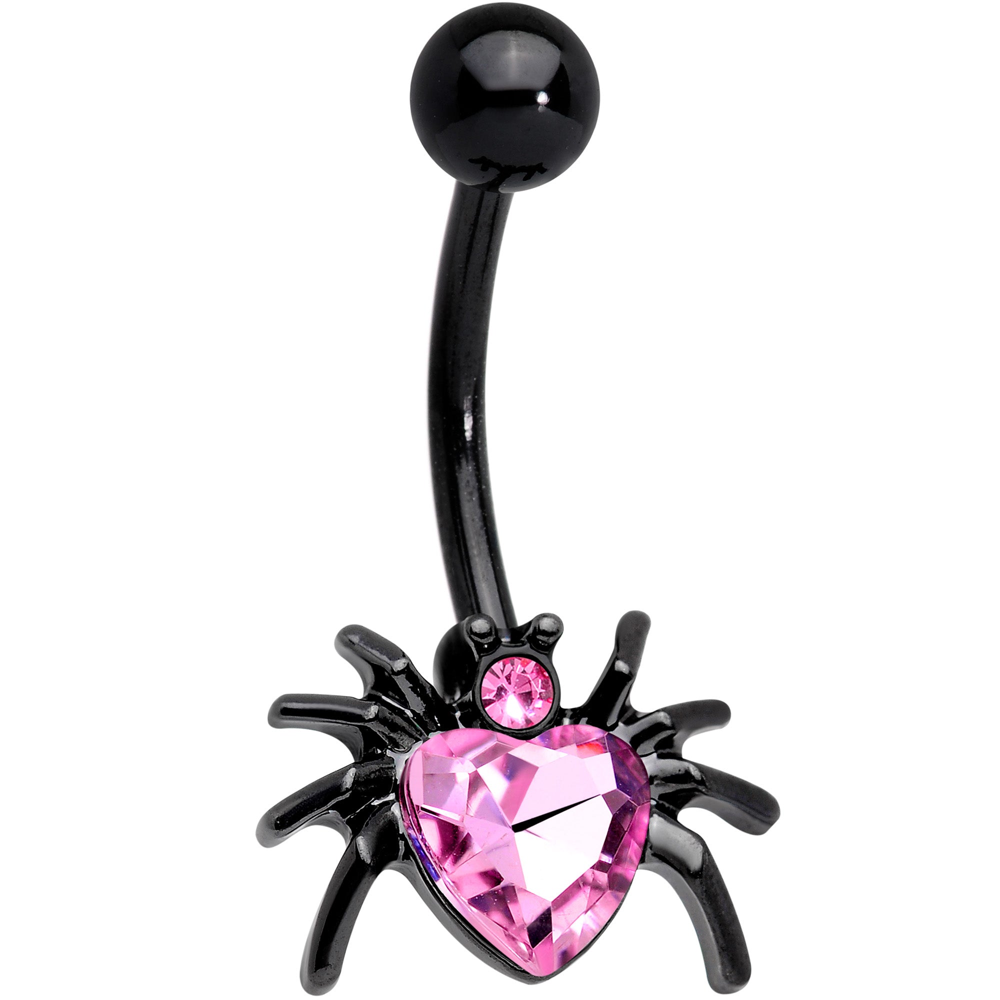 Pink Gem Black Halloween Heart Spider Belly Ring