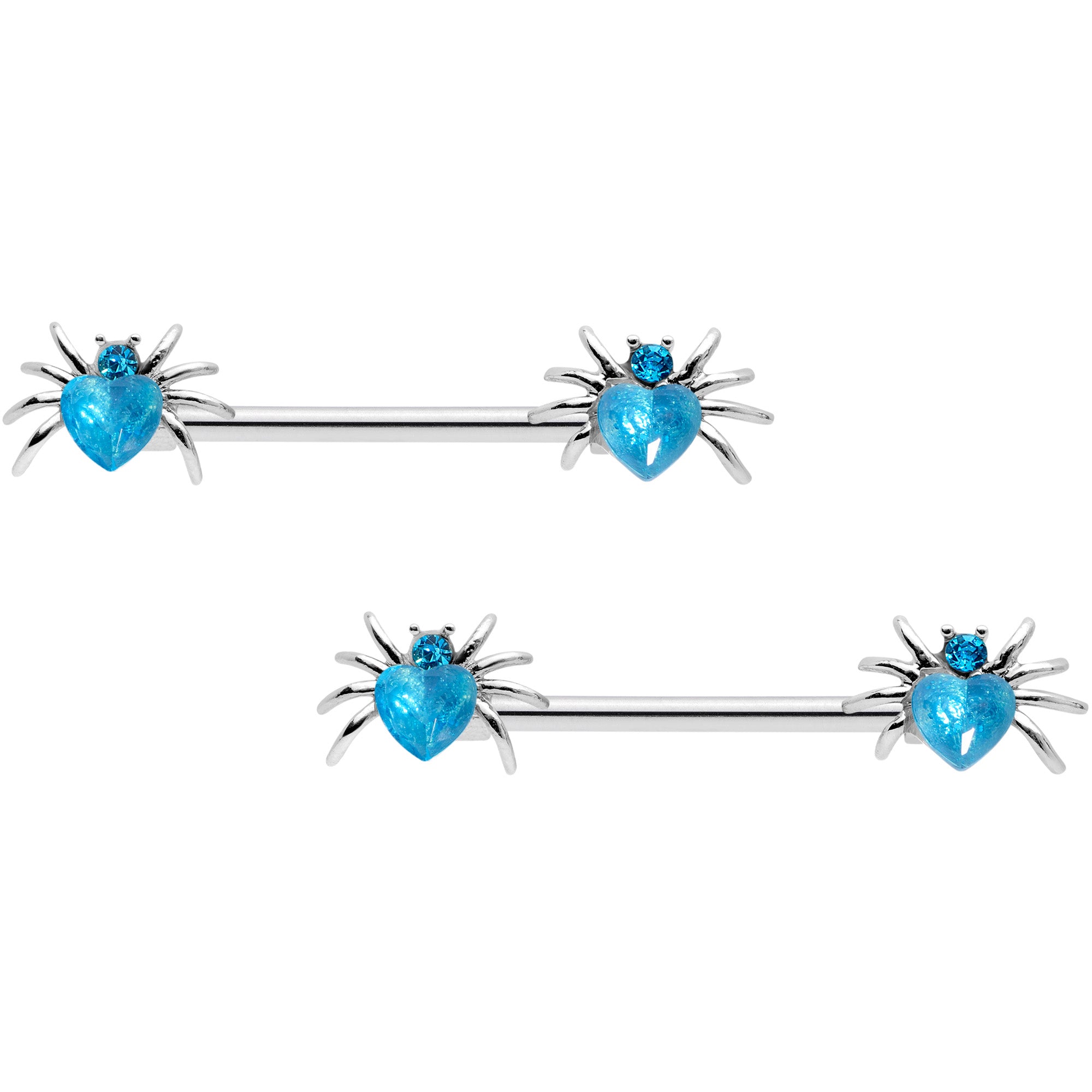 14 Gauge 5/8 Aqua Gem Sexy Heart Spider Barbell Nipple Ring Set