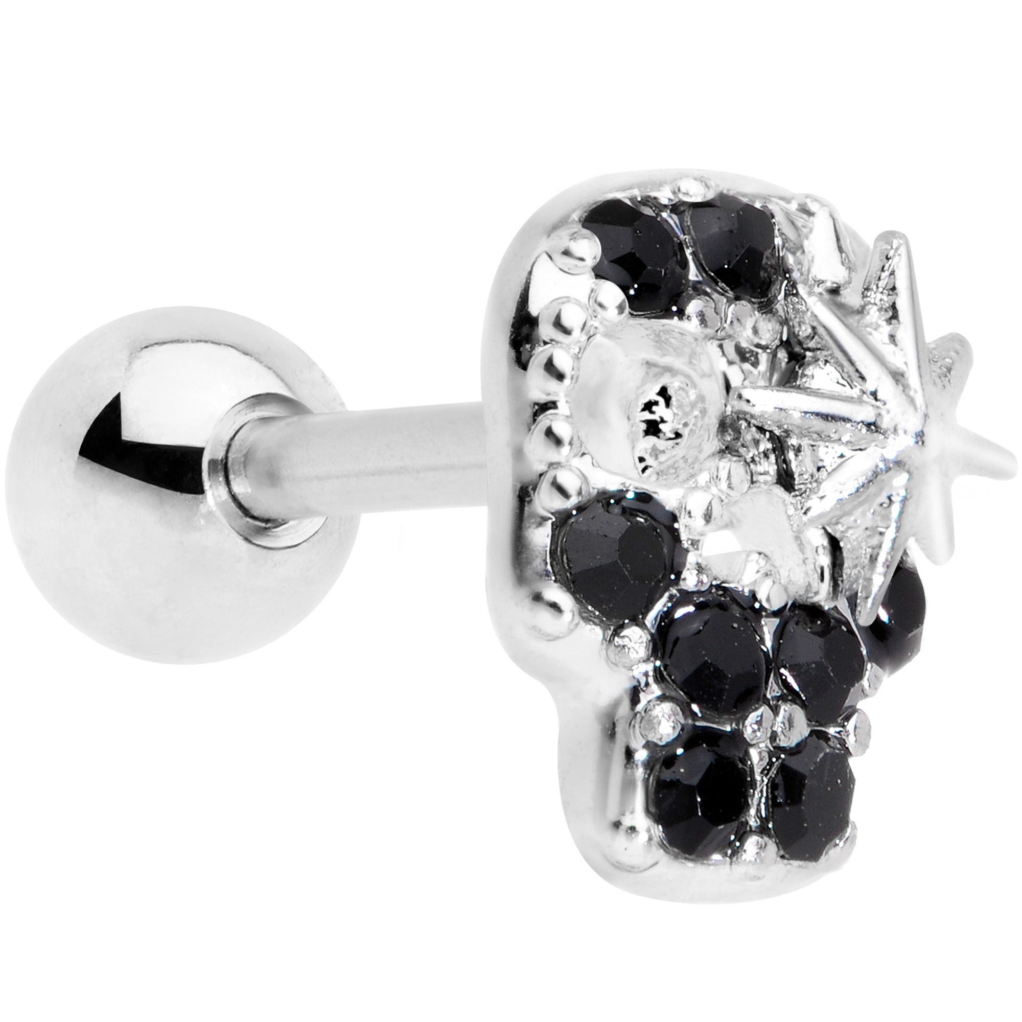 16 Gauge 1/4 Black Gem Star Skull Cartilage Tragus Earring