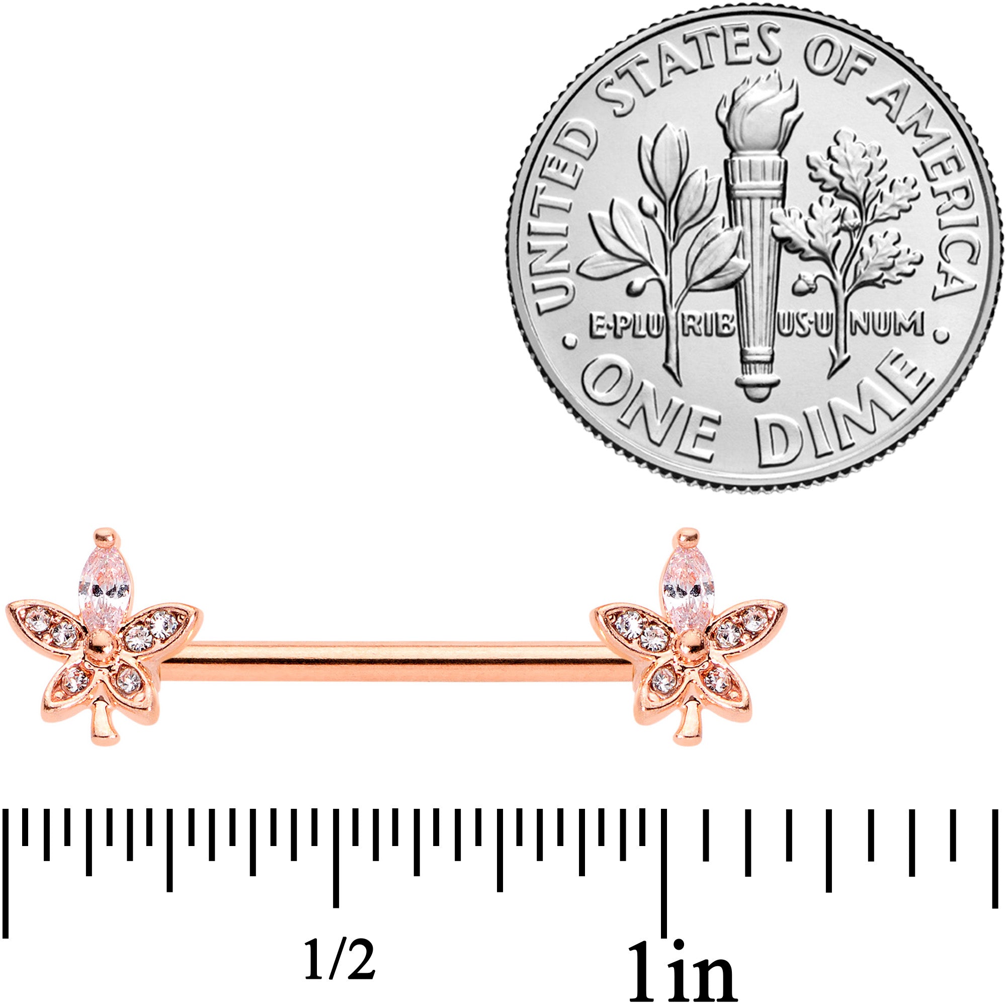 14 Gauge 5/8 Clear Gem Rose Gold Tone Beautiful Flower Nipple Ring Set