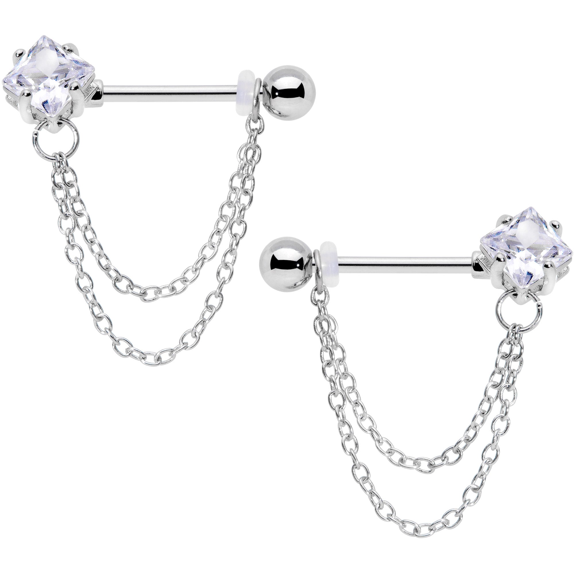 14 Gauge 5/8 Clear Gem Elegant Chain Dangle Barbell Nipple Ring Set