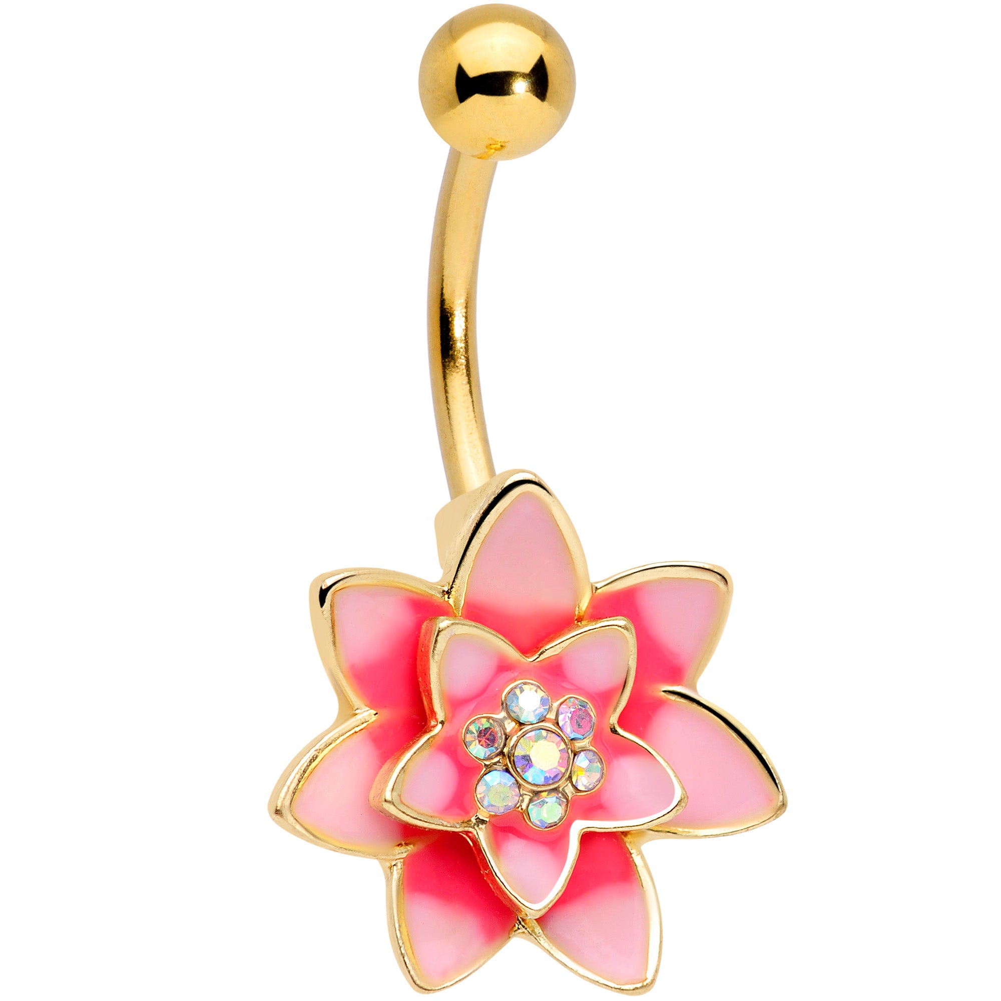 Aurora Gem Gold Tone Pink Red Rose Flower Belly Ring