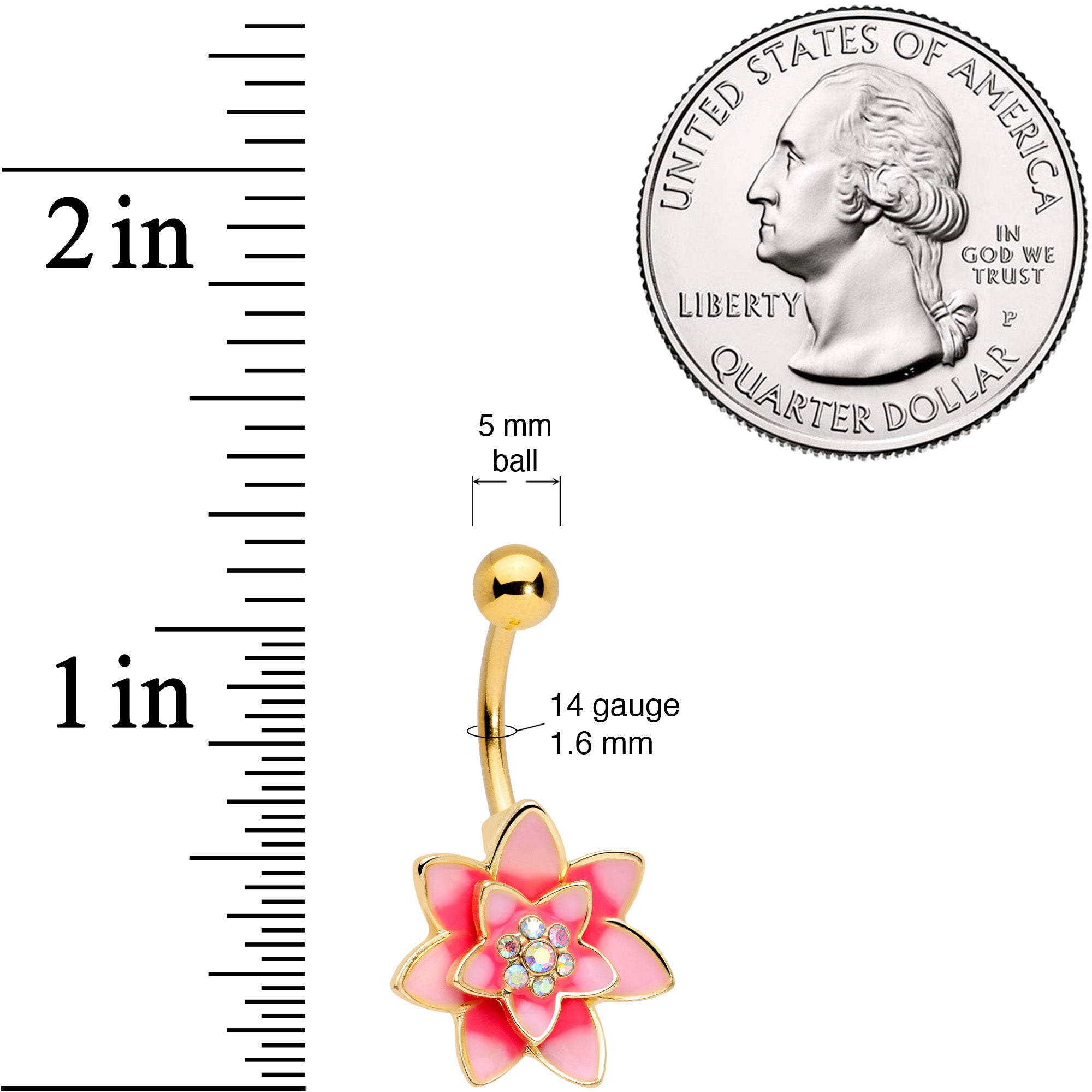 Aurora Gem Gold Tone Pink Red Rose Flower Belly Ring