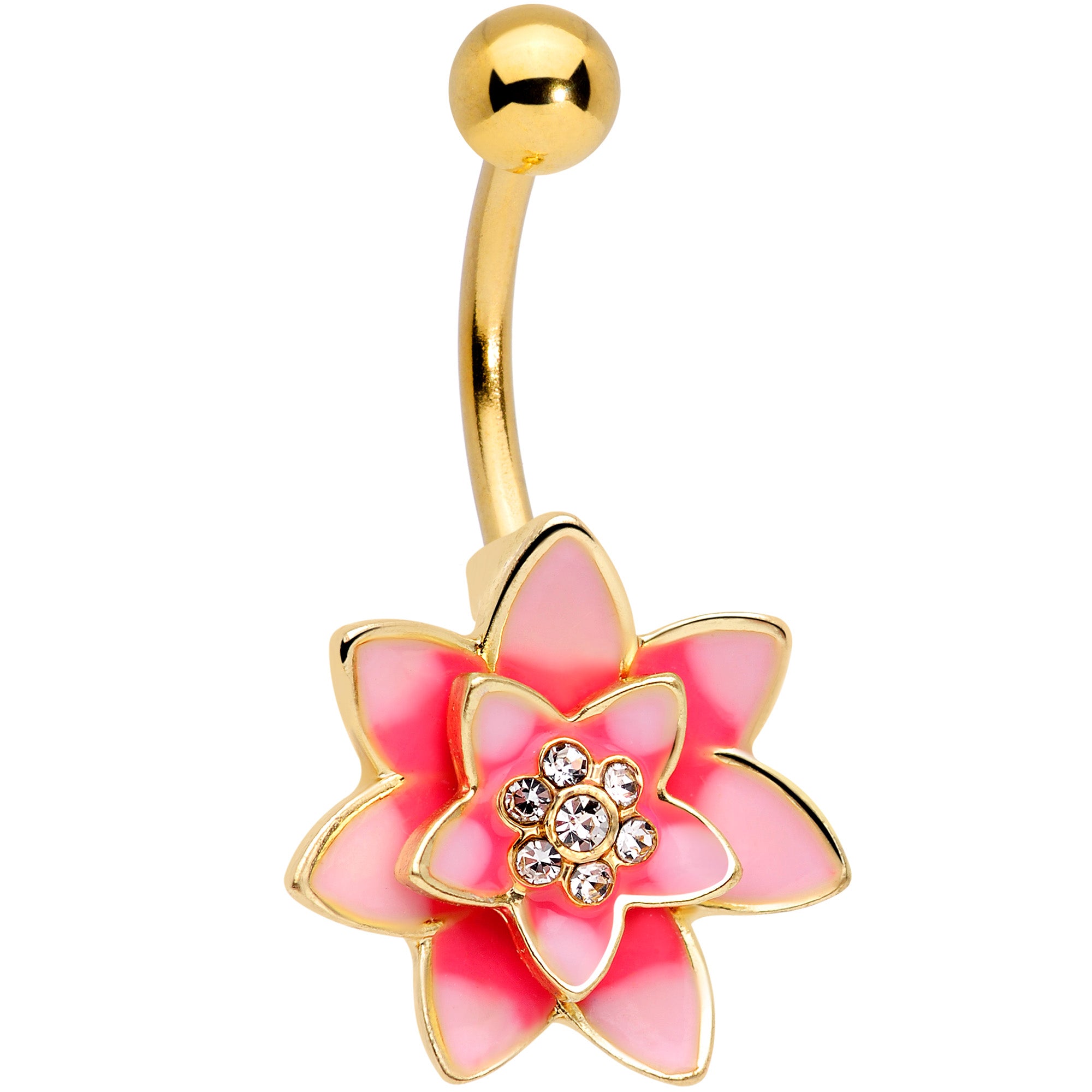 Clear Gem Gold Tone Pink Red Rose Flower Belly Ring