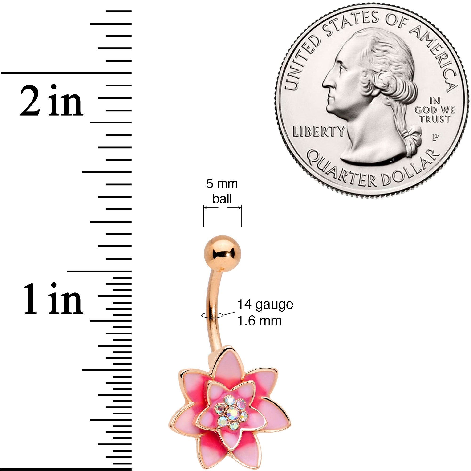 Aurora Gem Rose Gold Tone Pink Red Rose Flower Belly Ring