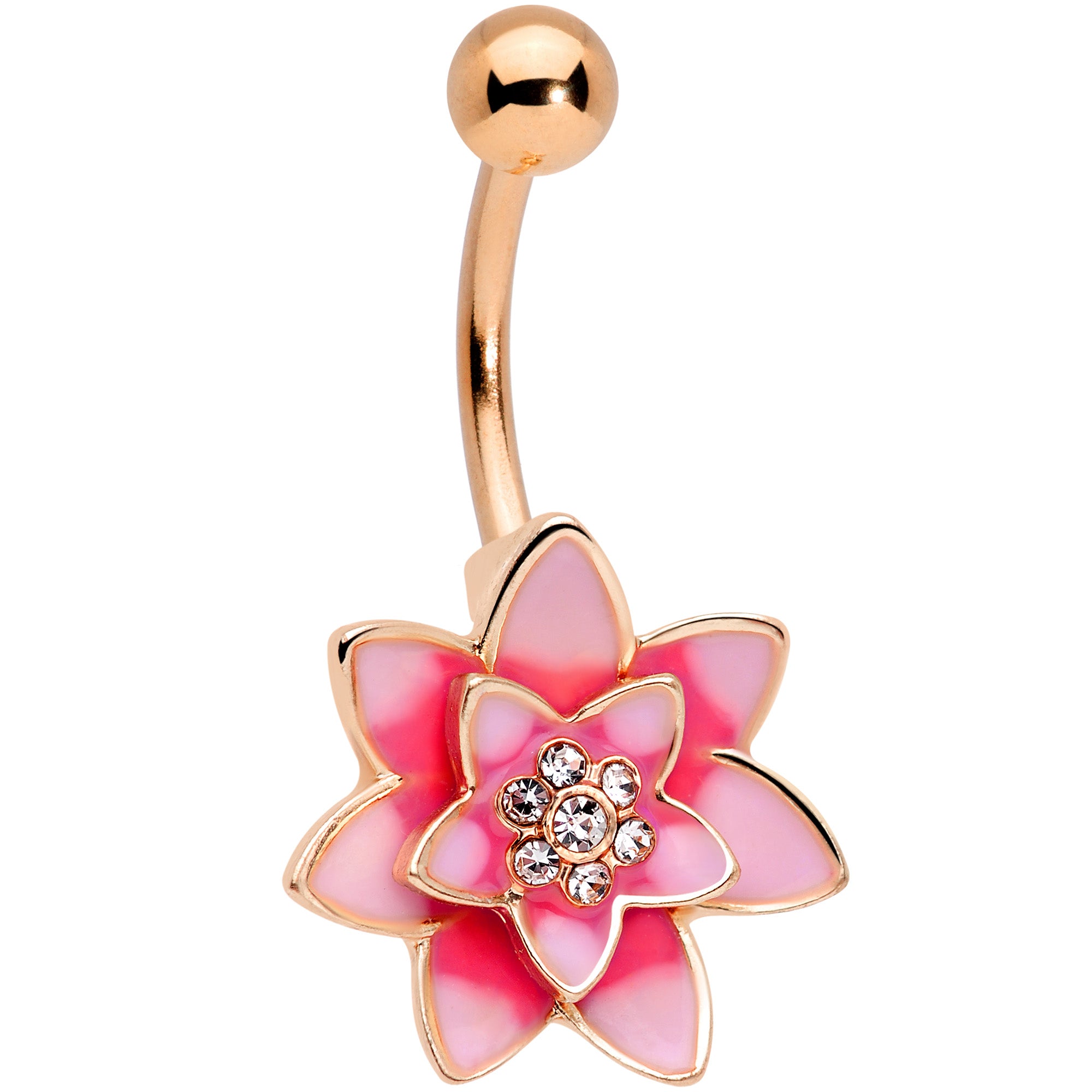 Clear Gem Rose Gold Tone Pink Red Rose Flower Belly Ring