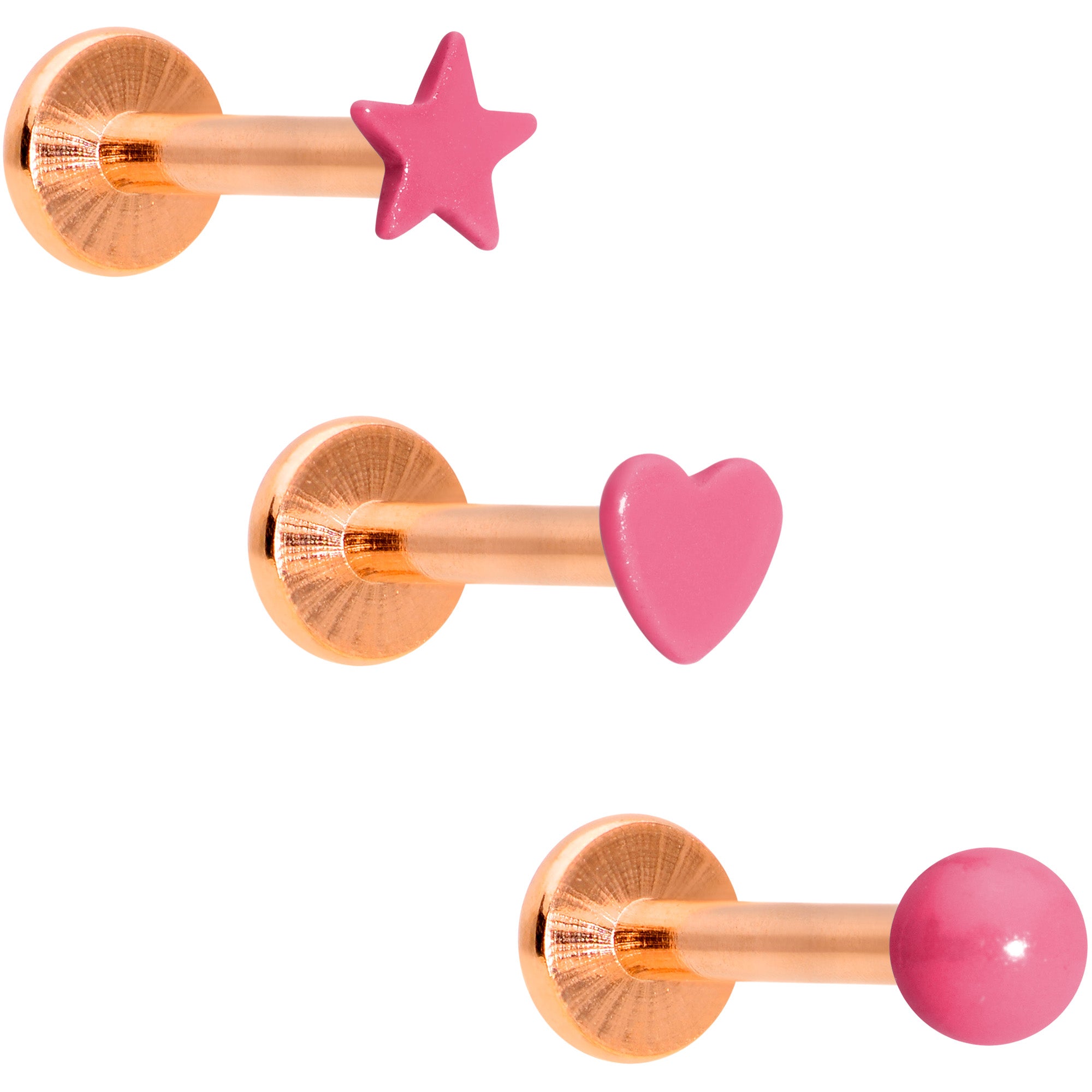 Pink Star Rose Gold Tone Glow Internal Threaded Labret Tragus Set of 3