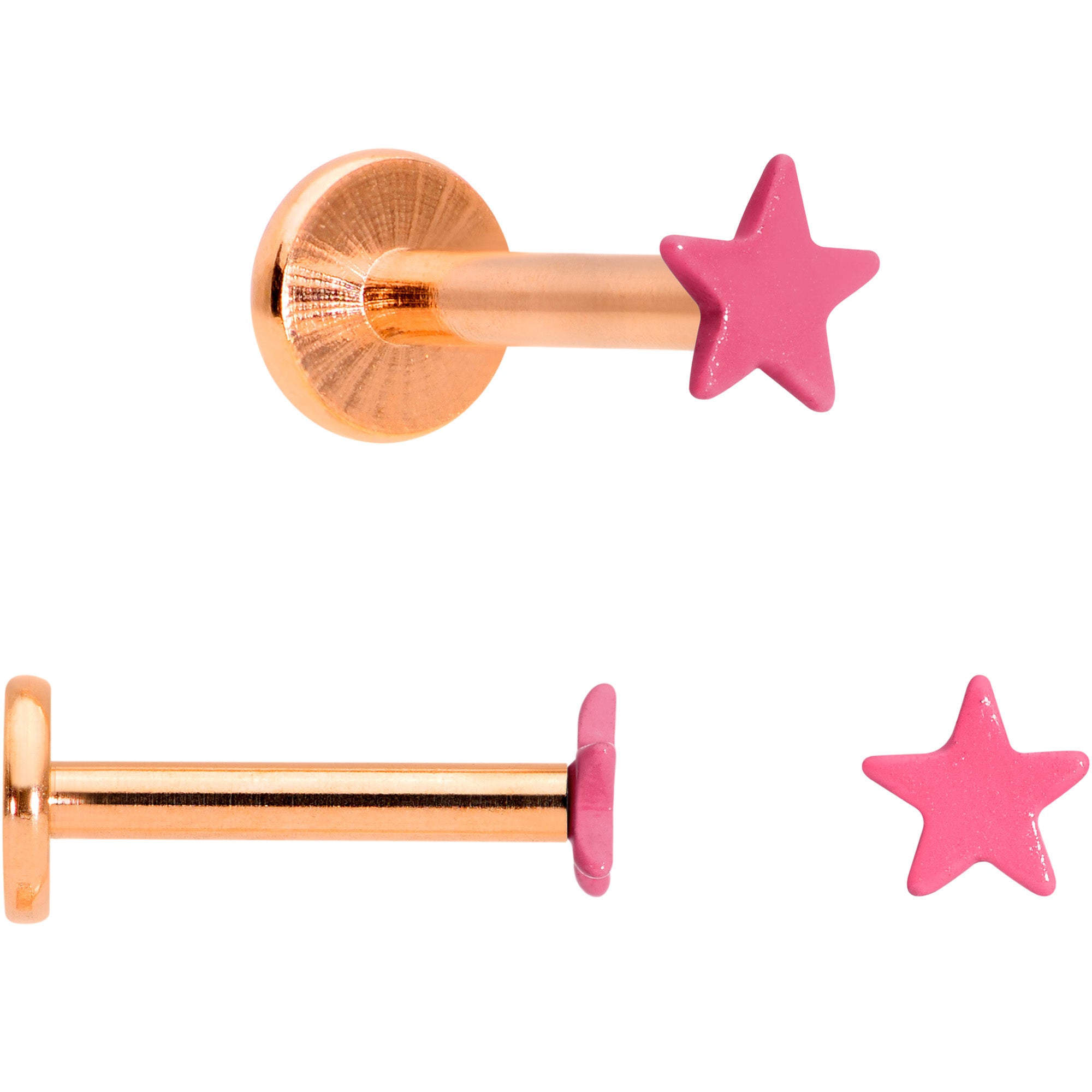 Pink Star Rose Gold Tone Glow Internal Threaded Labret Tragus Set of 3