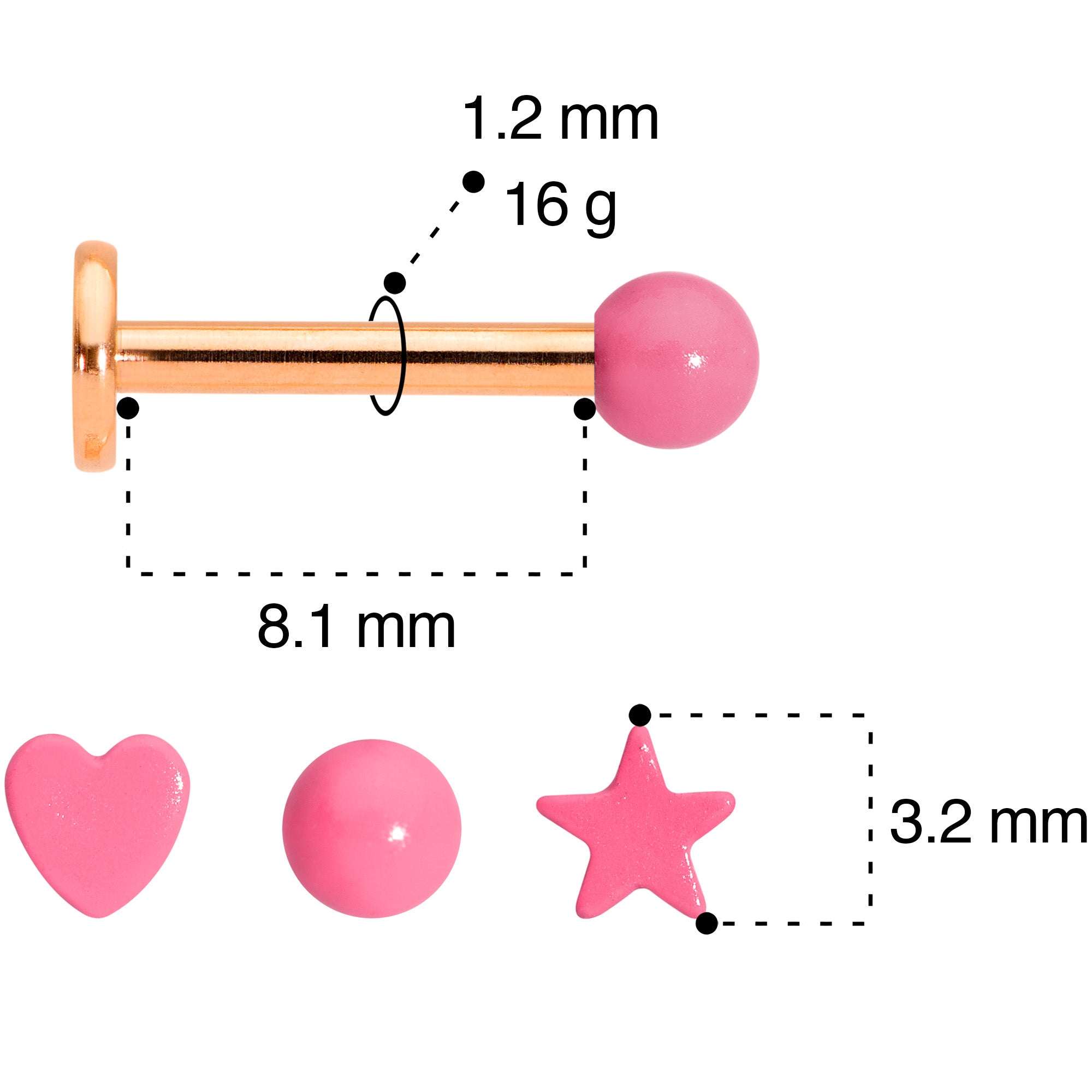 Pink Star Rose Gold Tone Glow Internal Threaded Labret Tragus Set of 3