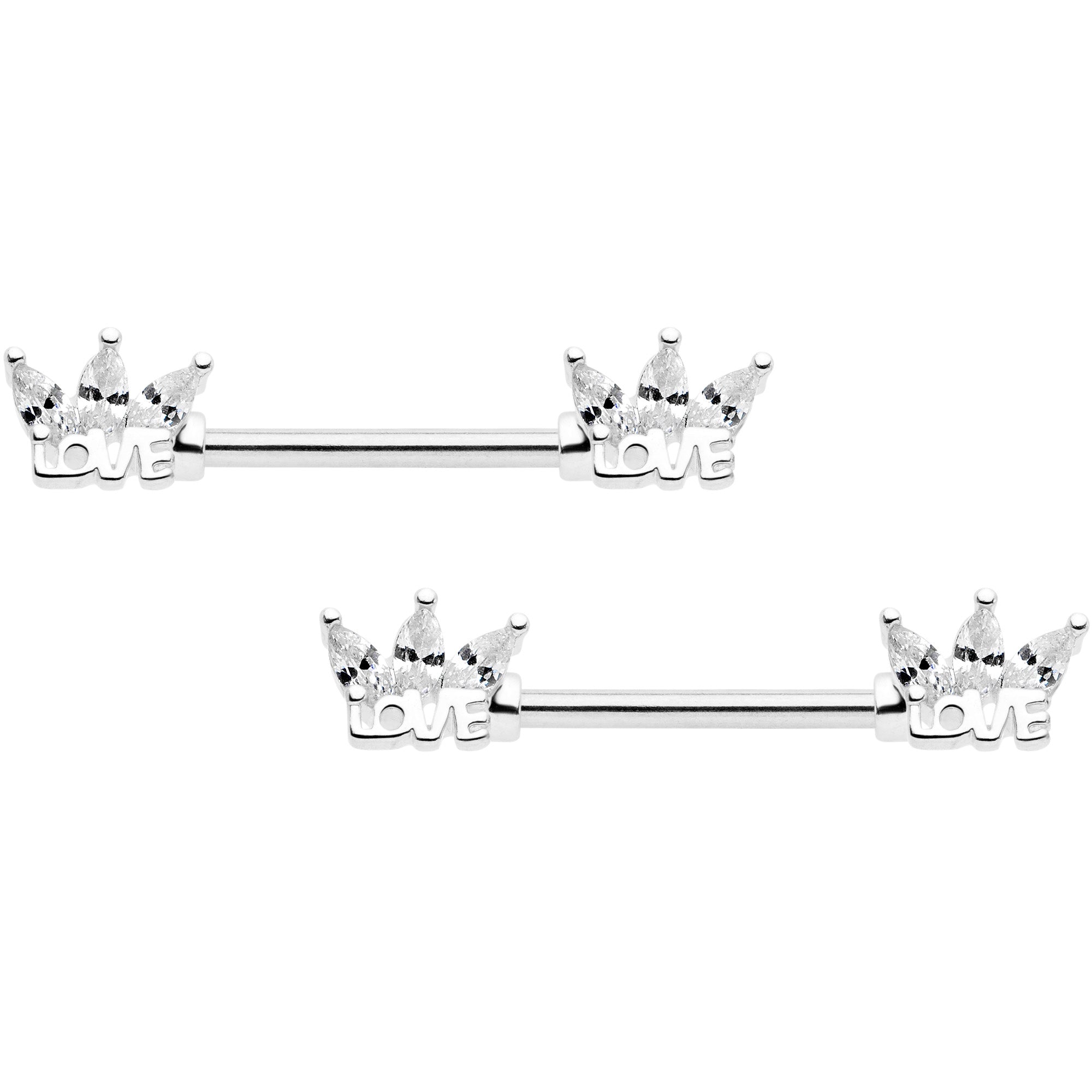 14 Gauge 9/16 Clear Gem Crown of Love Barbell Nipple Ring Set