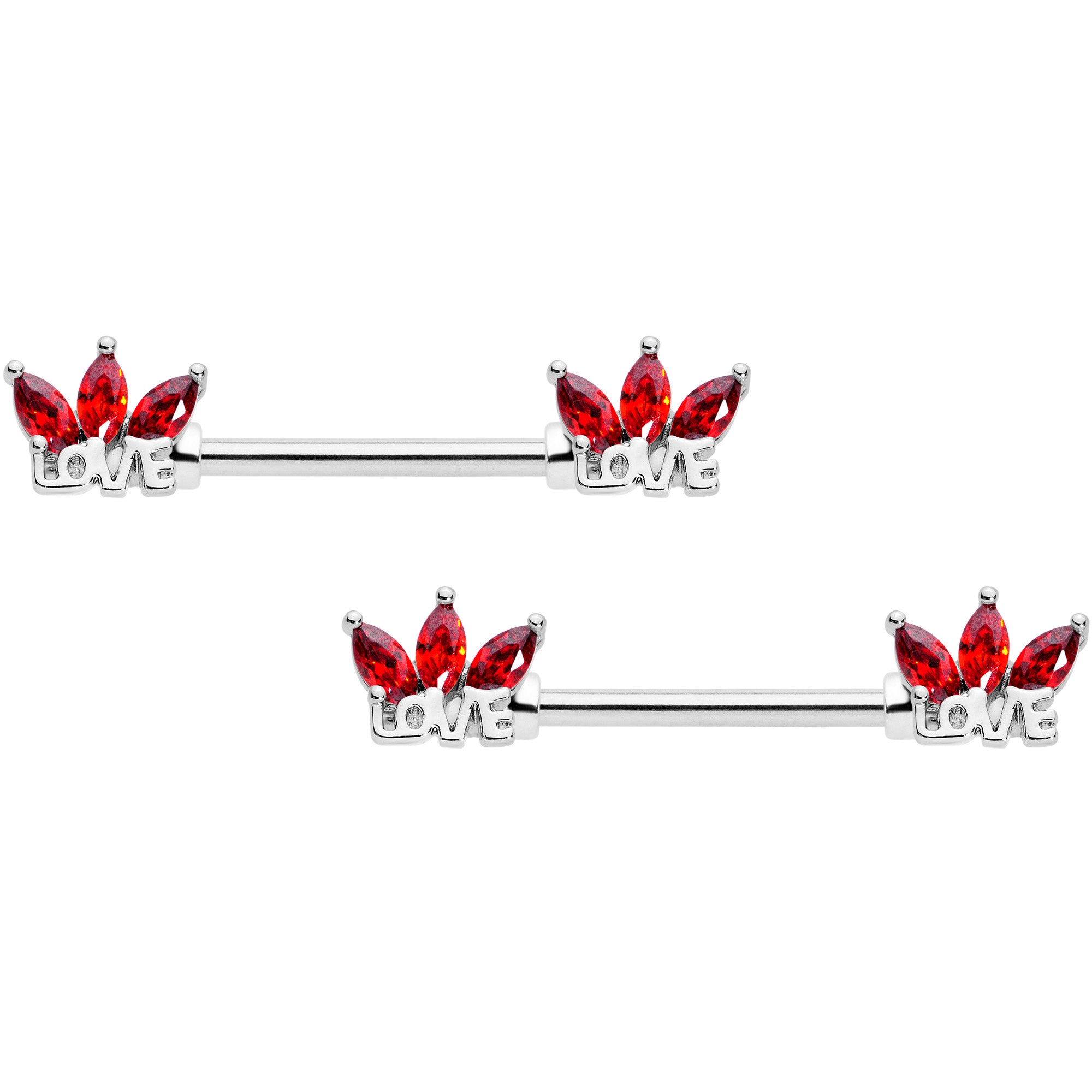 14 Gauge 9/16 Red Gem Crown of Love Barbell Nipple Ring Set