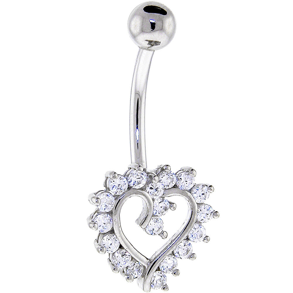 16 Gauge Solid 14KT White Cubic Zirconia HOLLOW HEART Belly Ring