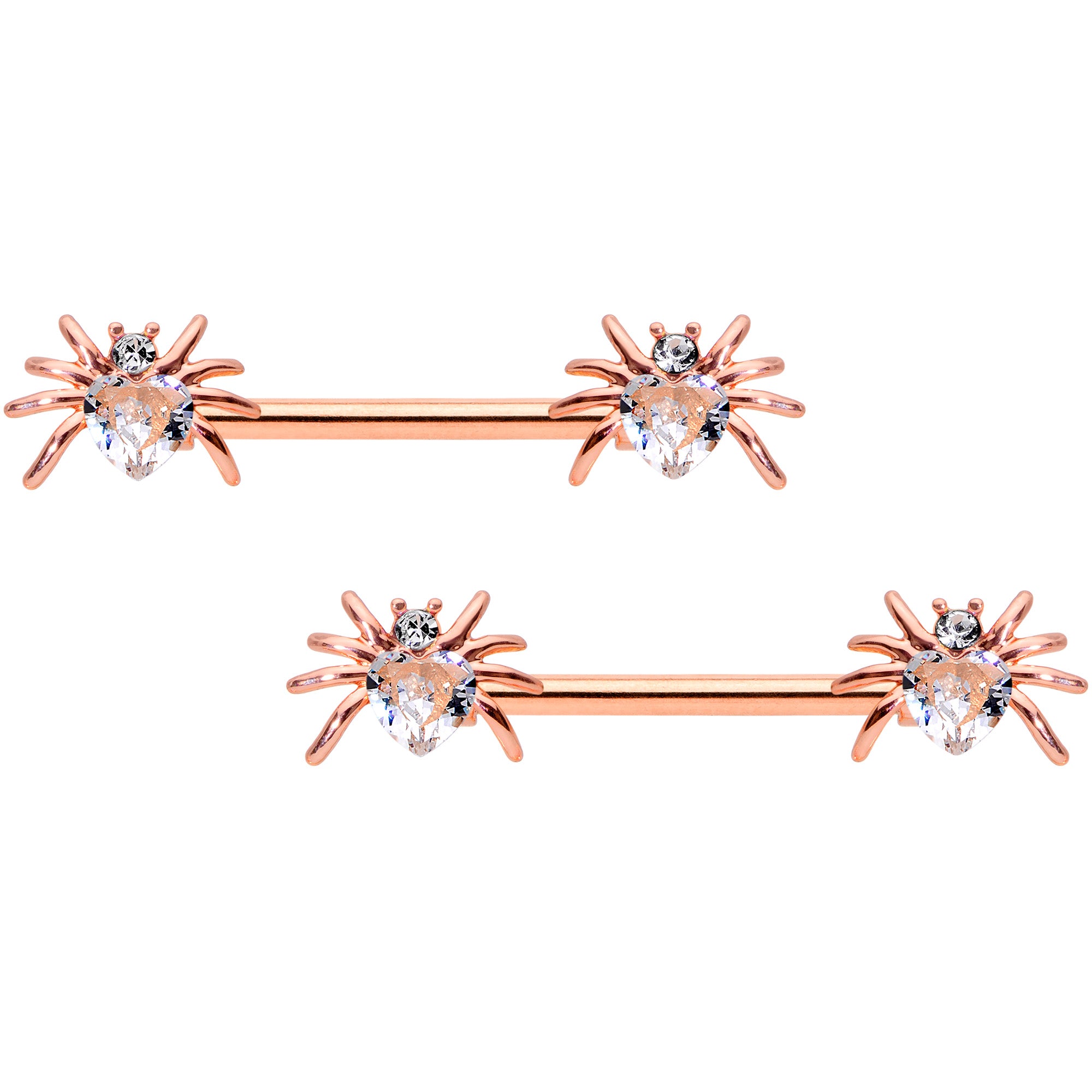 14 Gauge 9/16 Clear Gem Rose Gold Tone Heart Spider Nipple Ring Set