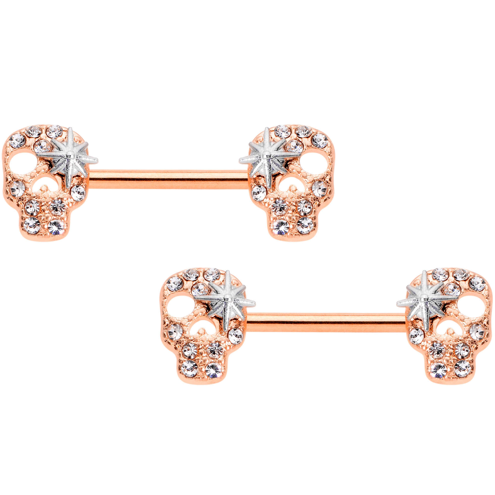 14 Gauge Clear Gem Rose Gold Tone Star Skull Barbell Nipple Ring Set