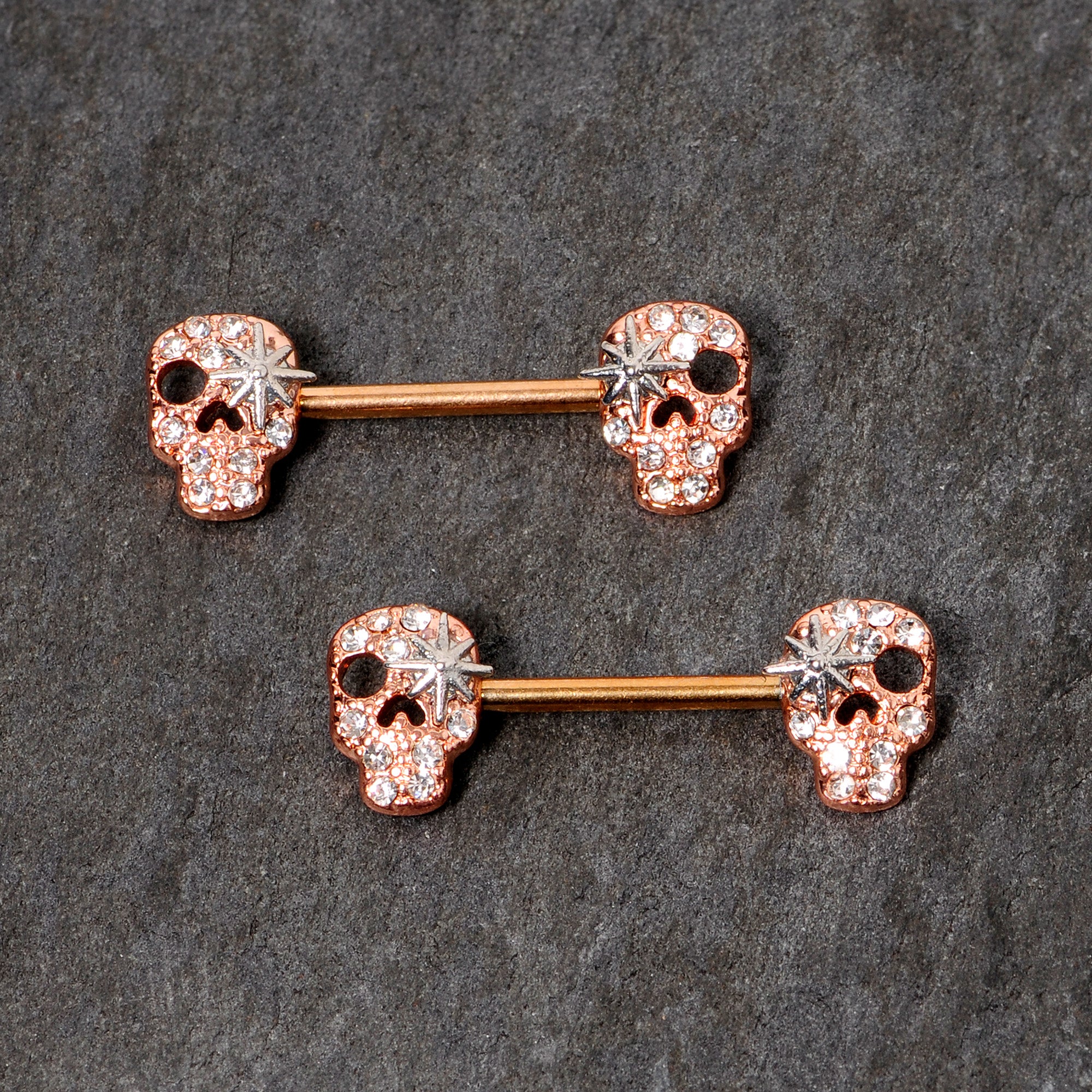 14 Gauge Clear Gem Rose Gold Tone Star Skull Barbell Nipple Ring Set