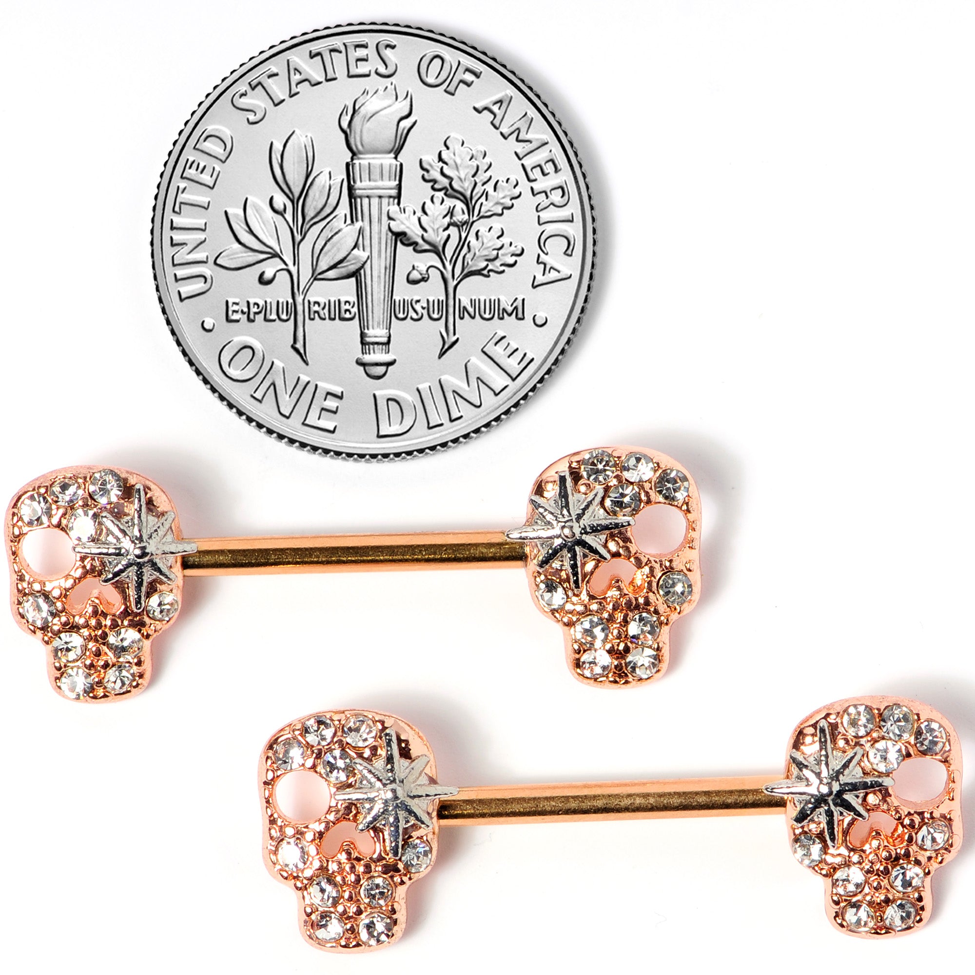 14 Gauge Clear Gem Rose Gold Tone Star Skull Barbell Nipple Ring Set