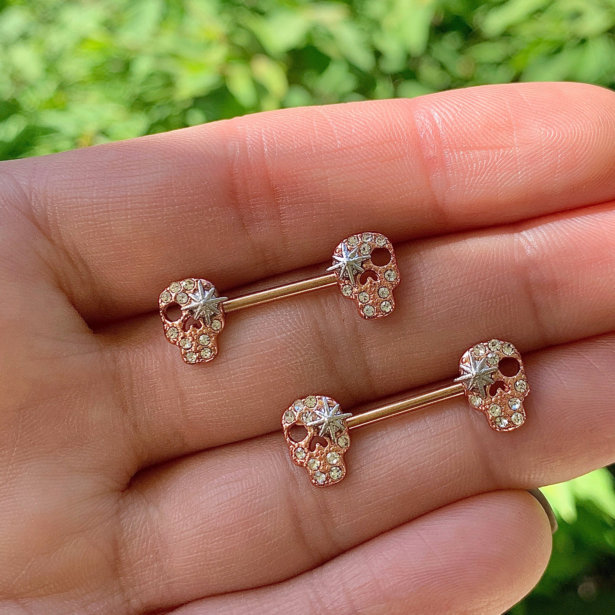 14 Gauge 9/16 Clear Gem Gold Tone Star Skull Barbell Nipple Ring Set