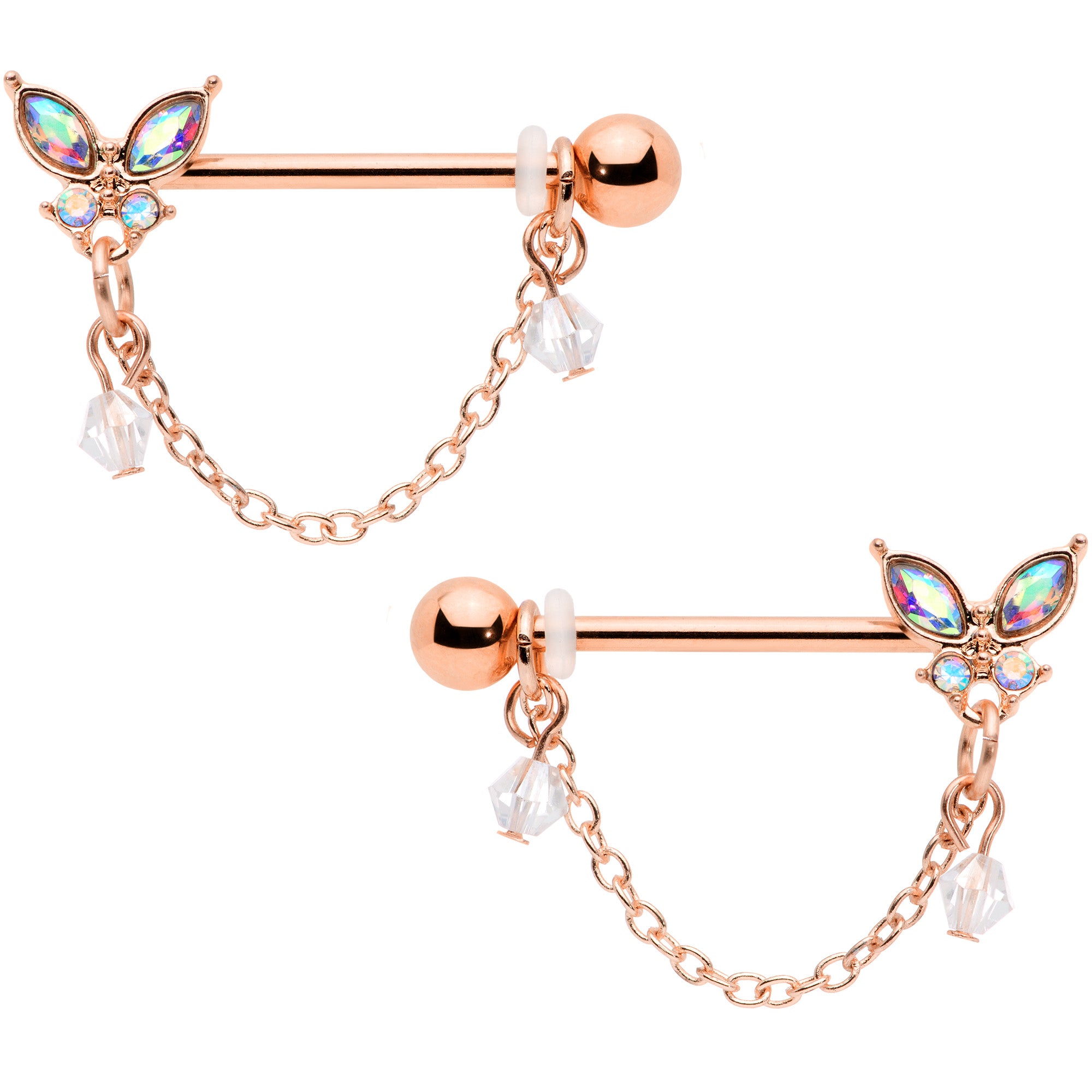 14 Gauge 5/8 Aurora Gem Rose Gold Tone Butterfly Dangle Nipple Ring Set