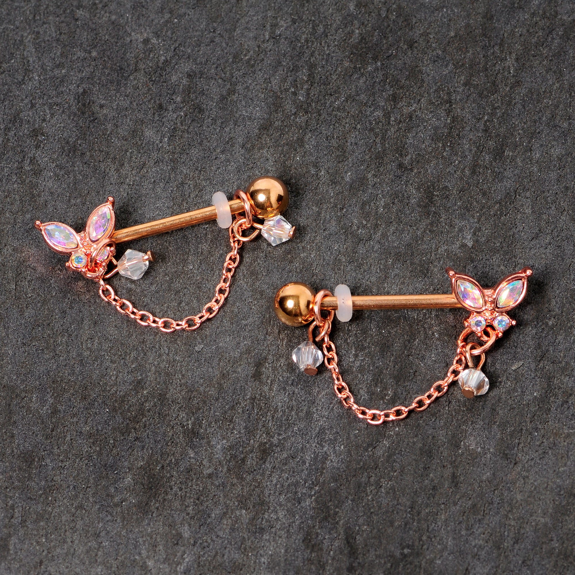 14 Gauge 5/8 Aurora Gem Rose Gold Tone Butterfly Dangle Nipple Ring Set