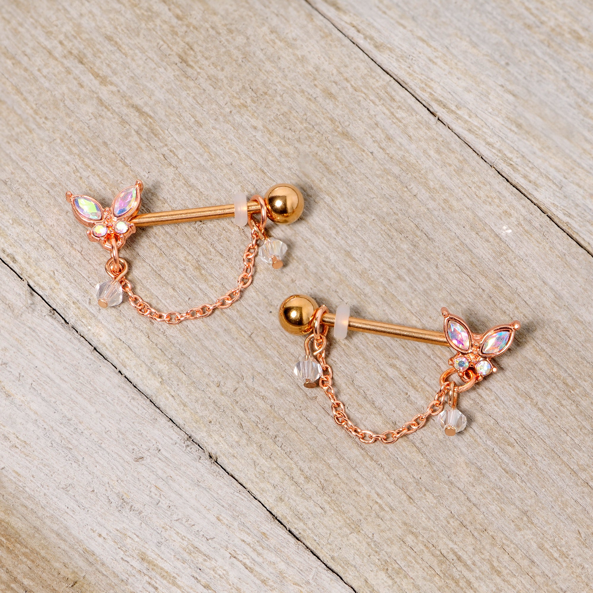 14 Gauge 5/8 Aurora Gem Rose Gold Tone Butterfly Dangle Nipple Ring Set