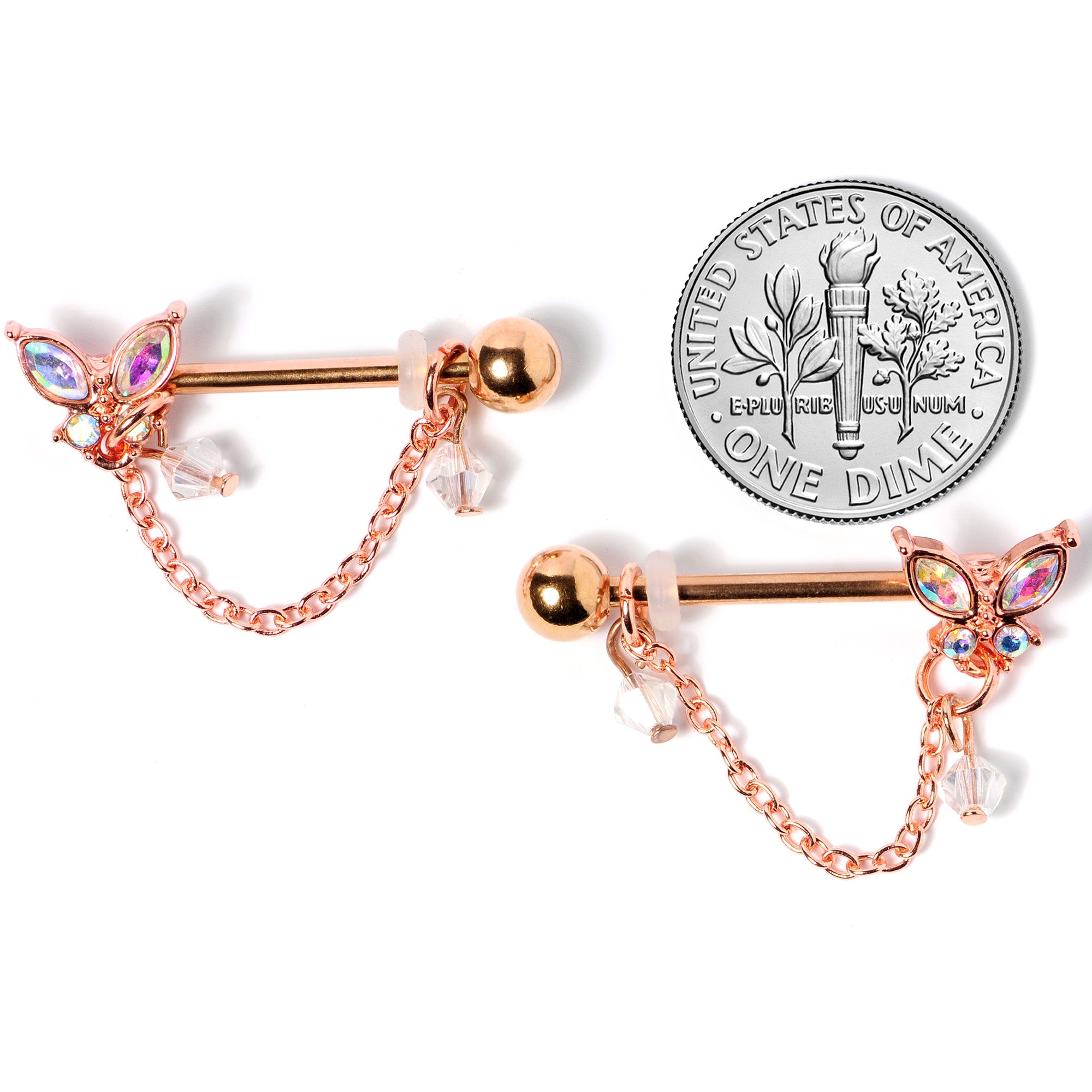 14 Gauge 5/8 Aurora Gem Rose Gold Tone Butterfly Dangle Nipple Ring Set