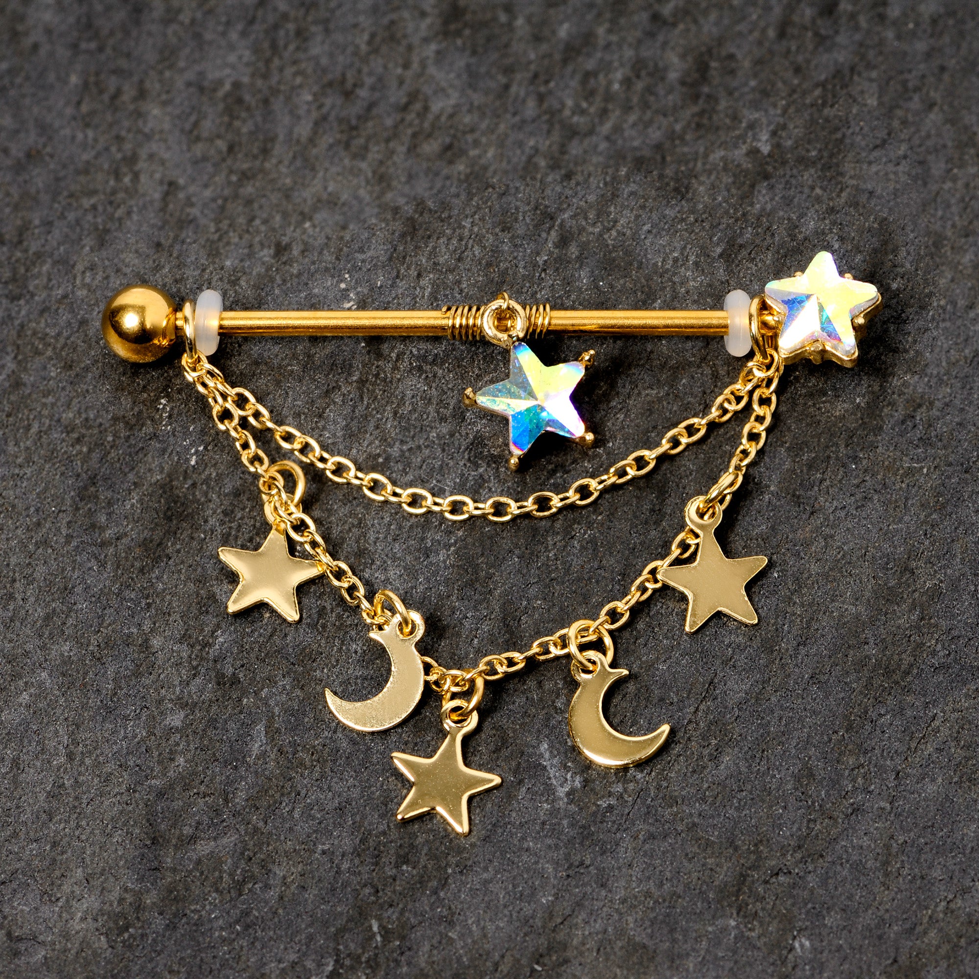 14 Gauge Aurora Gem Gold Tone Moon Star Dangle Industrial Barbell 38mm