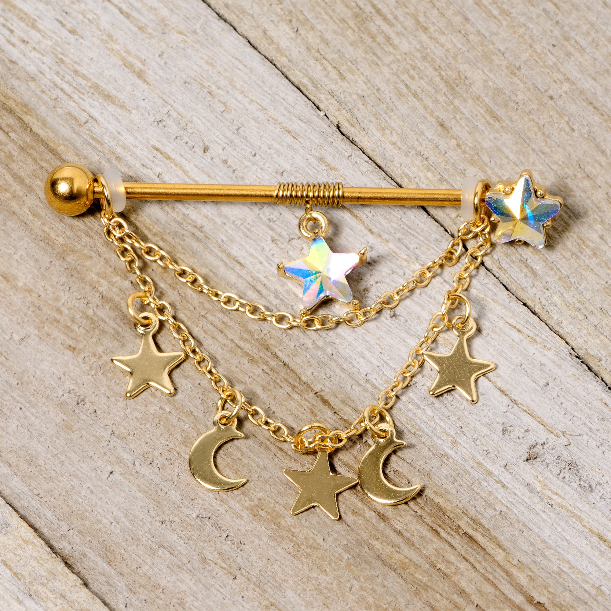 14 Gauge Aurora Gem Gold Tone Moon Star Dangle Industrial Barbell 38mm