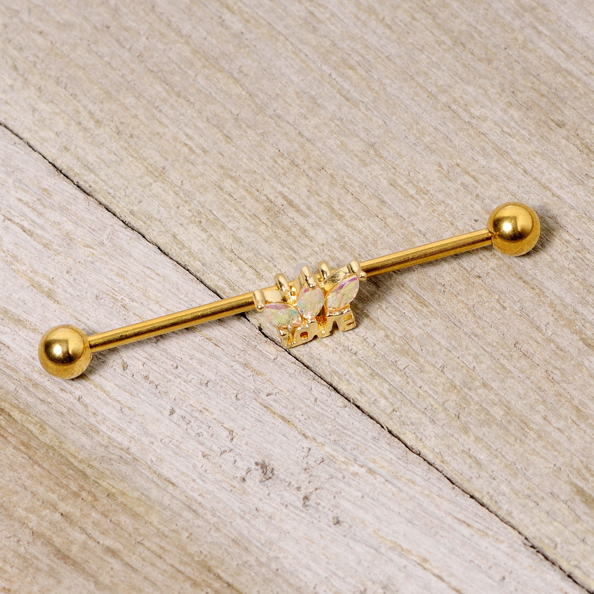 14 Gauge Aurora Gem Gold Tone Crown Love Industrial Barbell 38mm