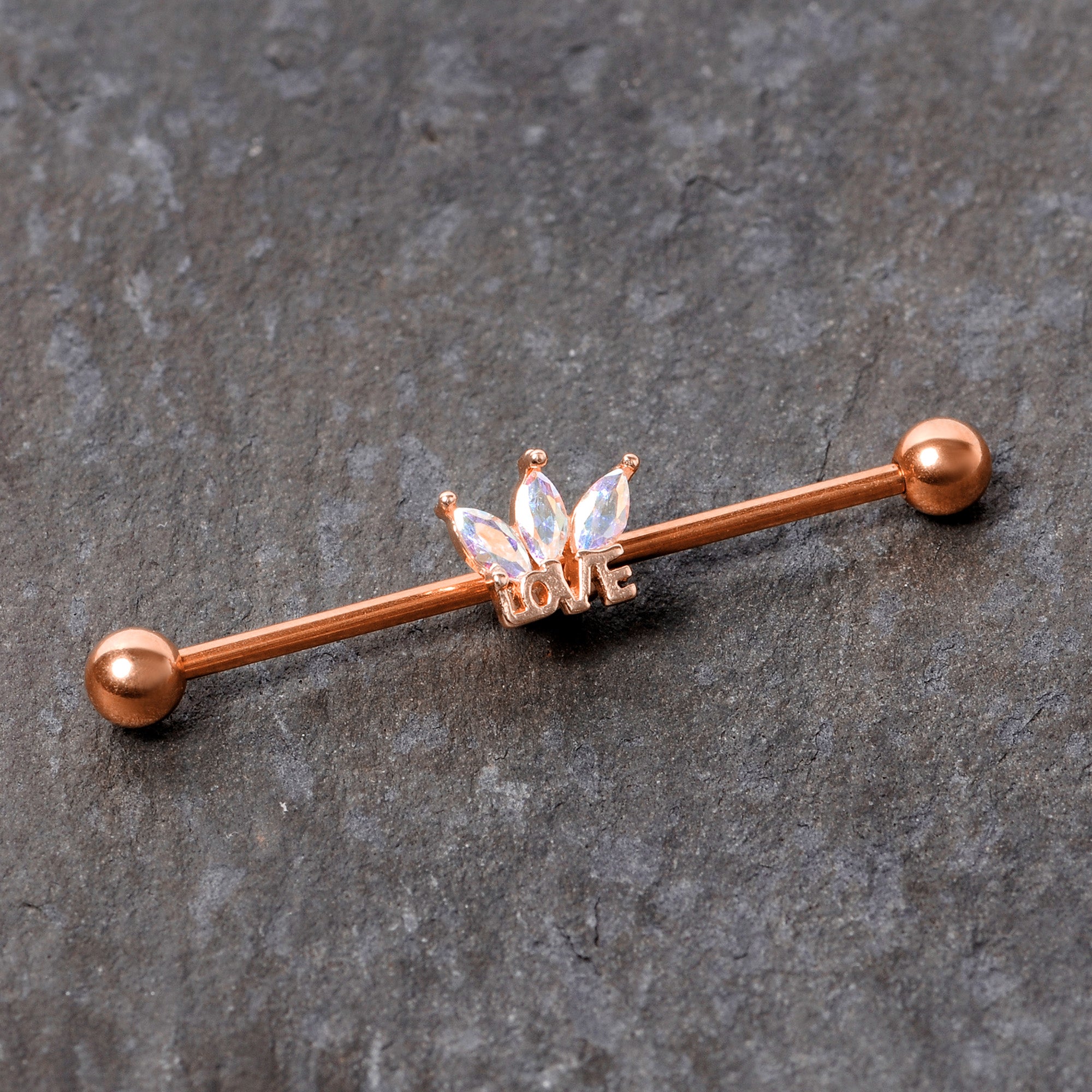 14 Gauge Aurora Gem Rose Gold Tone Crown Love Industrial Barbell 38mm