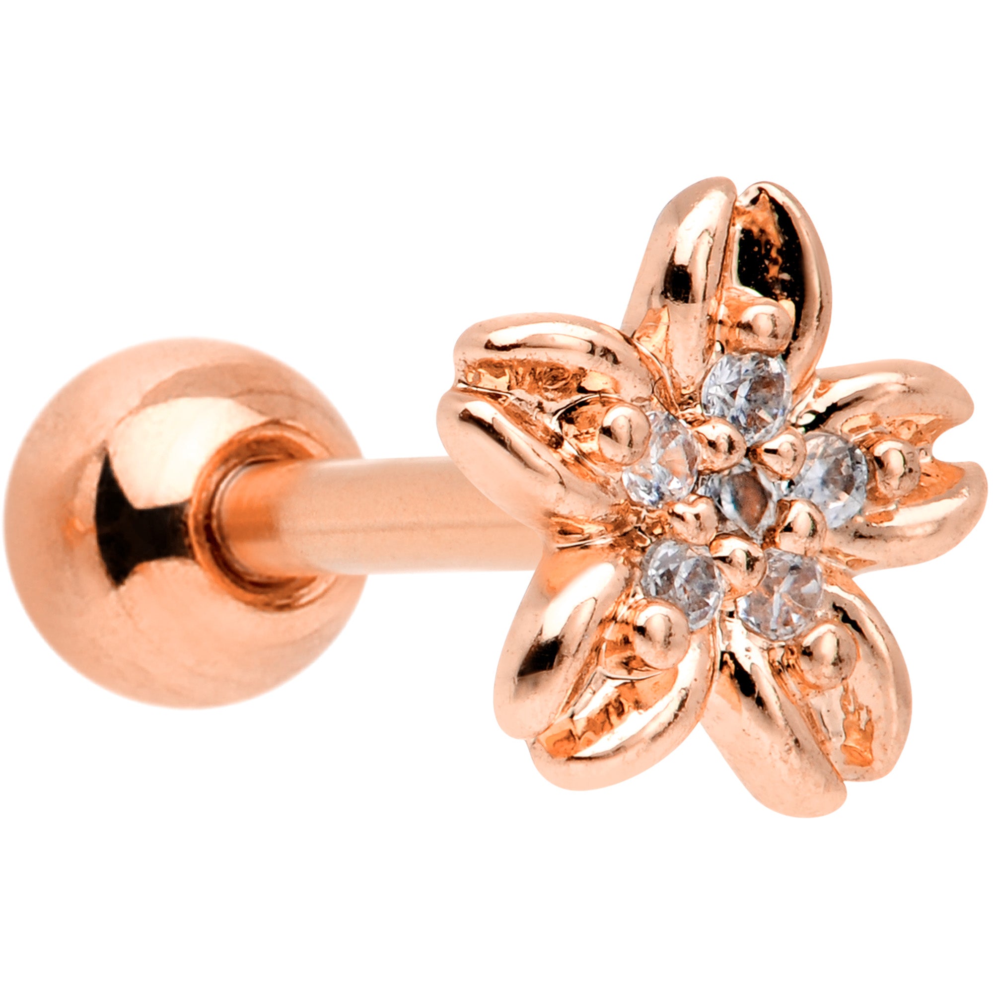 16 Gauge 1/4 Clear Gem Rose Gold Tone Flower Cartilage Tragus Earring